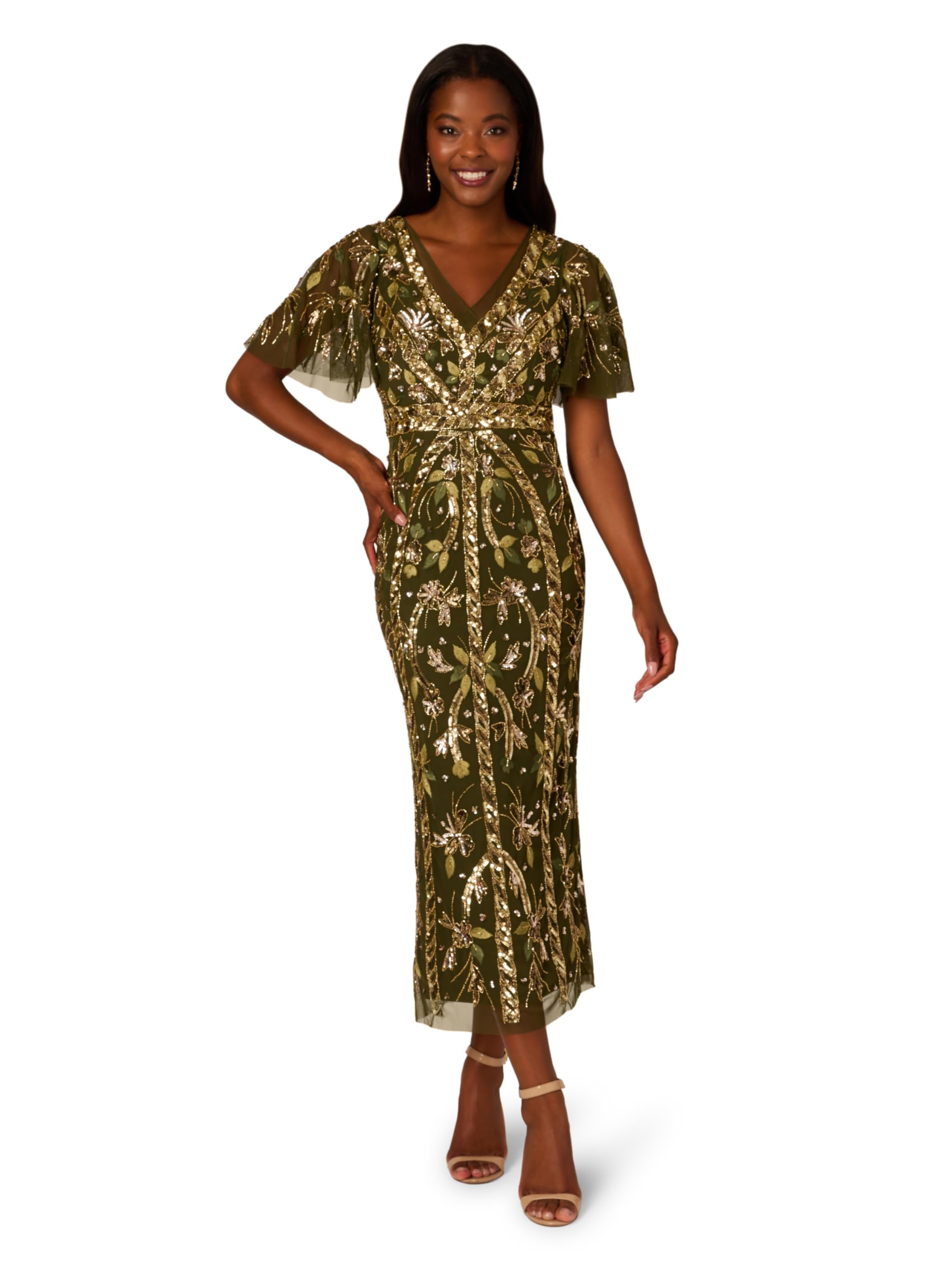 Adrianna Papell Women's Beaded Flutter Sleeve Dress Special Occasion, Olive, 8