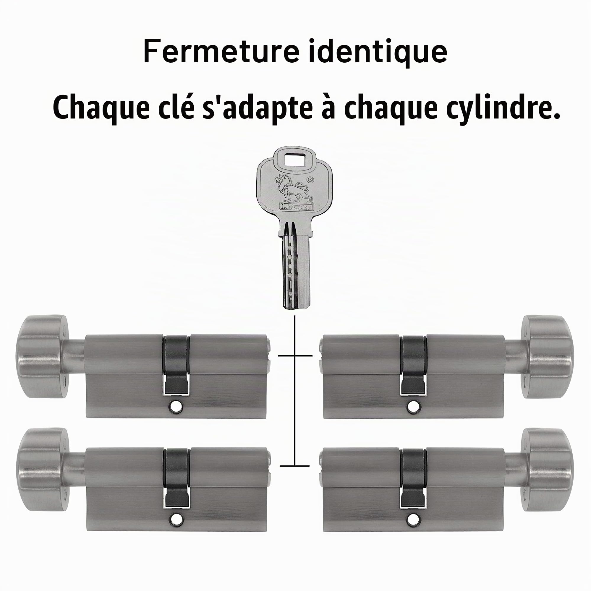 Ensemble de 4 cylindres à bouton KD, 60 mm 30/30, à fermeture identique, avec 20 clés