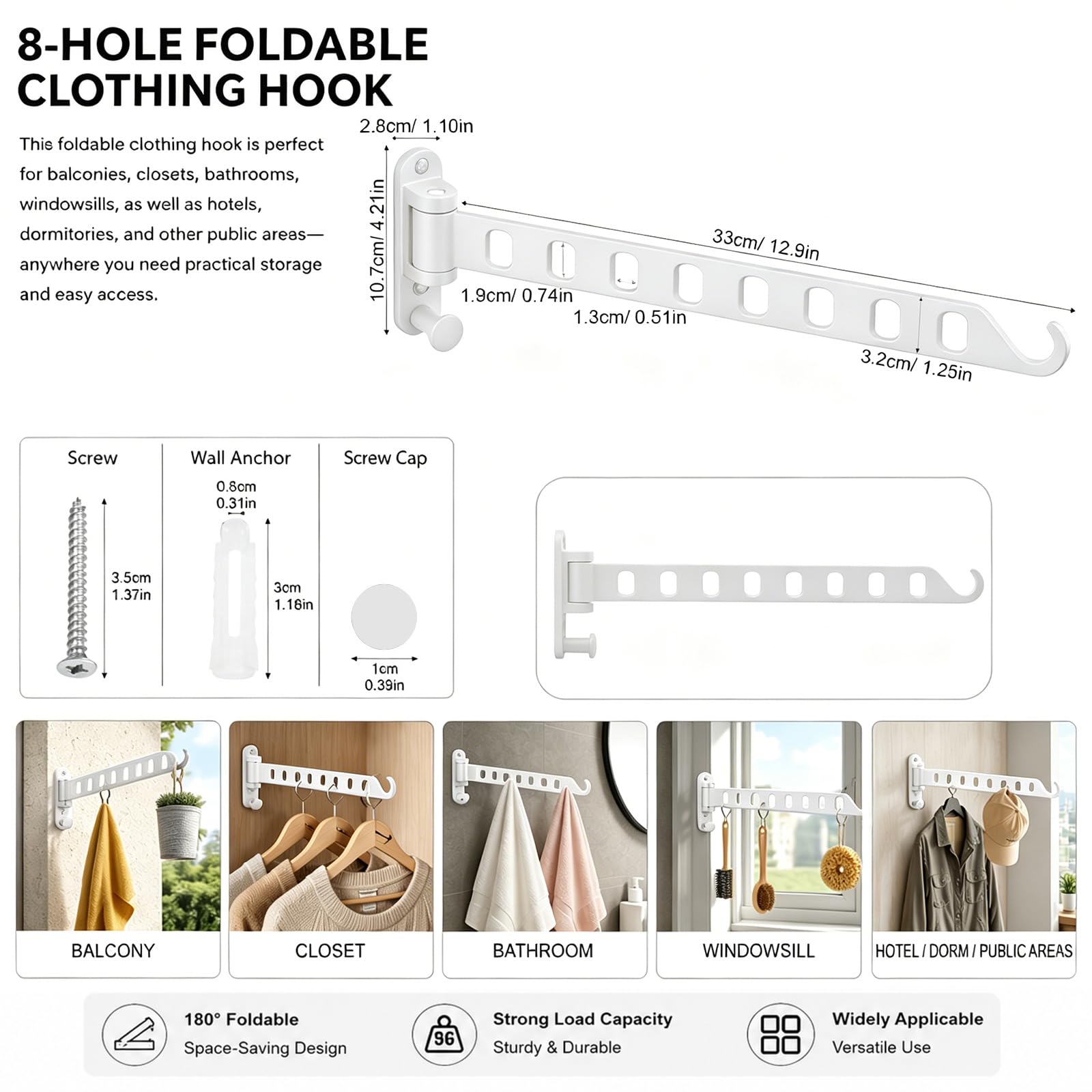 TIANLIN Appendipanni Pieghevole a Muro, 8 Ganci in Lega di Alluminio, Rotazione 180°, con Kit di Montaggio e Copriganci – Bianco – Per Bagno, Balcone, Camerino, Hotel, Dormitorio