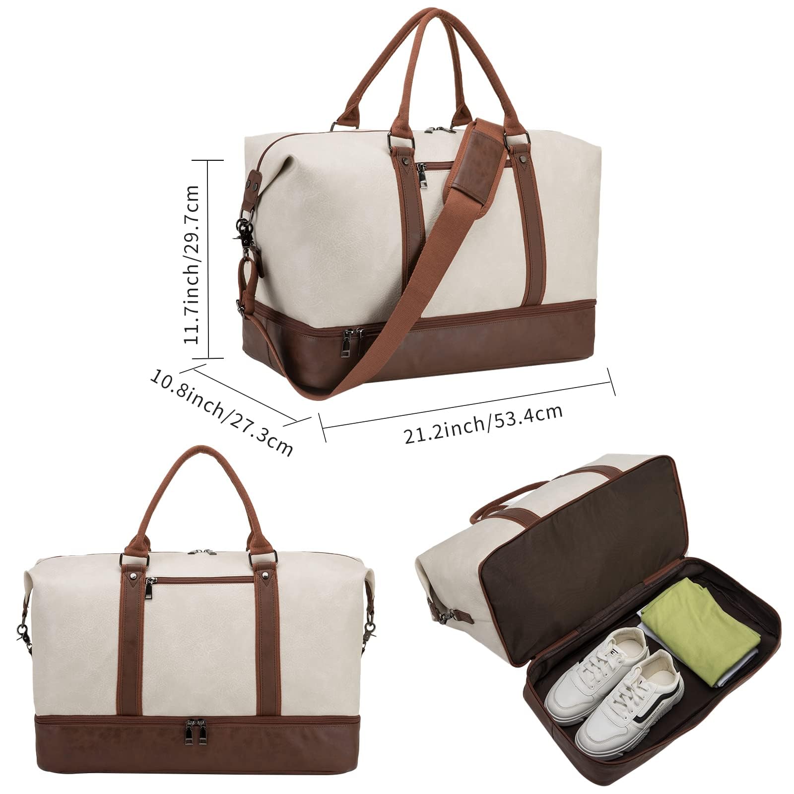 Borsone da viaggio per la notte, in tela, in pelle, borsa da weekend extra large, grande borsa da viaggio a mano, borsone da viaggio per uomo e donna, beige.