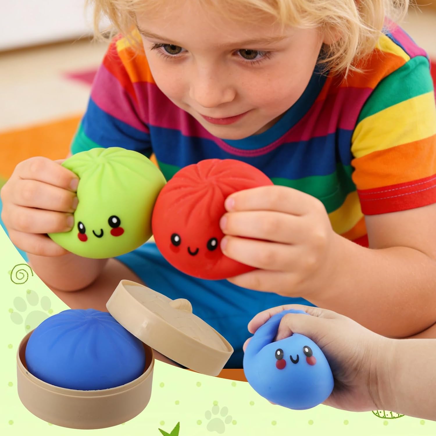 2pcs Random Color Dumpling Squishy,Mystery Dumpling Box,Colorful Dumplings Squeeze Stress Balls Fidget Sensory Toy Relief Hand with Food Steamer Stretchy