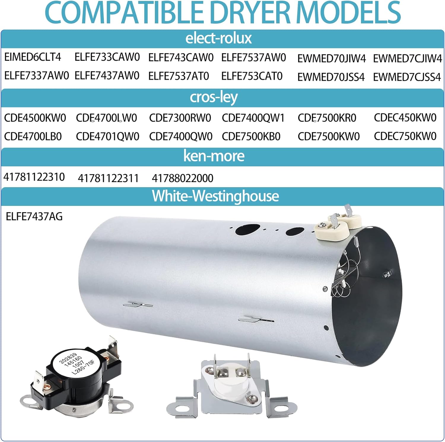 Dryer Heating Element Kit Compatible With fri-gi-da-ire EIMED60LT4 FFQE5000QW1 FAQE7077KB0 FFRE1001PW0 LAQE7011KW0 FFSE5115PW3 FAQE7017KR0 EFDE317TIW1 EFME517STT0 EFME617STT0 EFME627UIW1 EIMED60JIW6