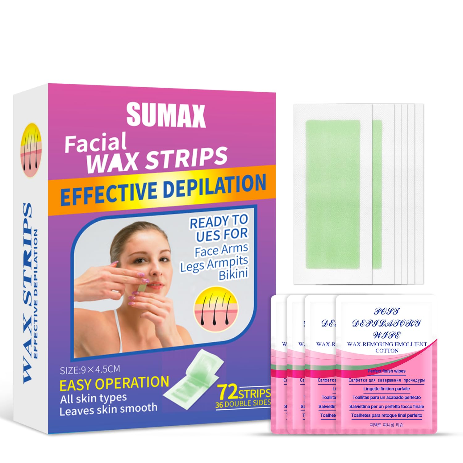 Sumax Wax Strips for Body Hair Removal, 72 Pieces Natural Beeswax Essence and Jojoba Seed Oil Hair Removal Strips for Face, Underarms, Bikini, Legs - Includes 4 Calming Oil Wipes