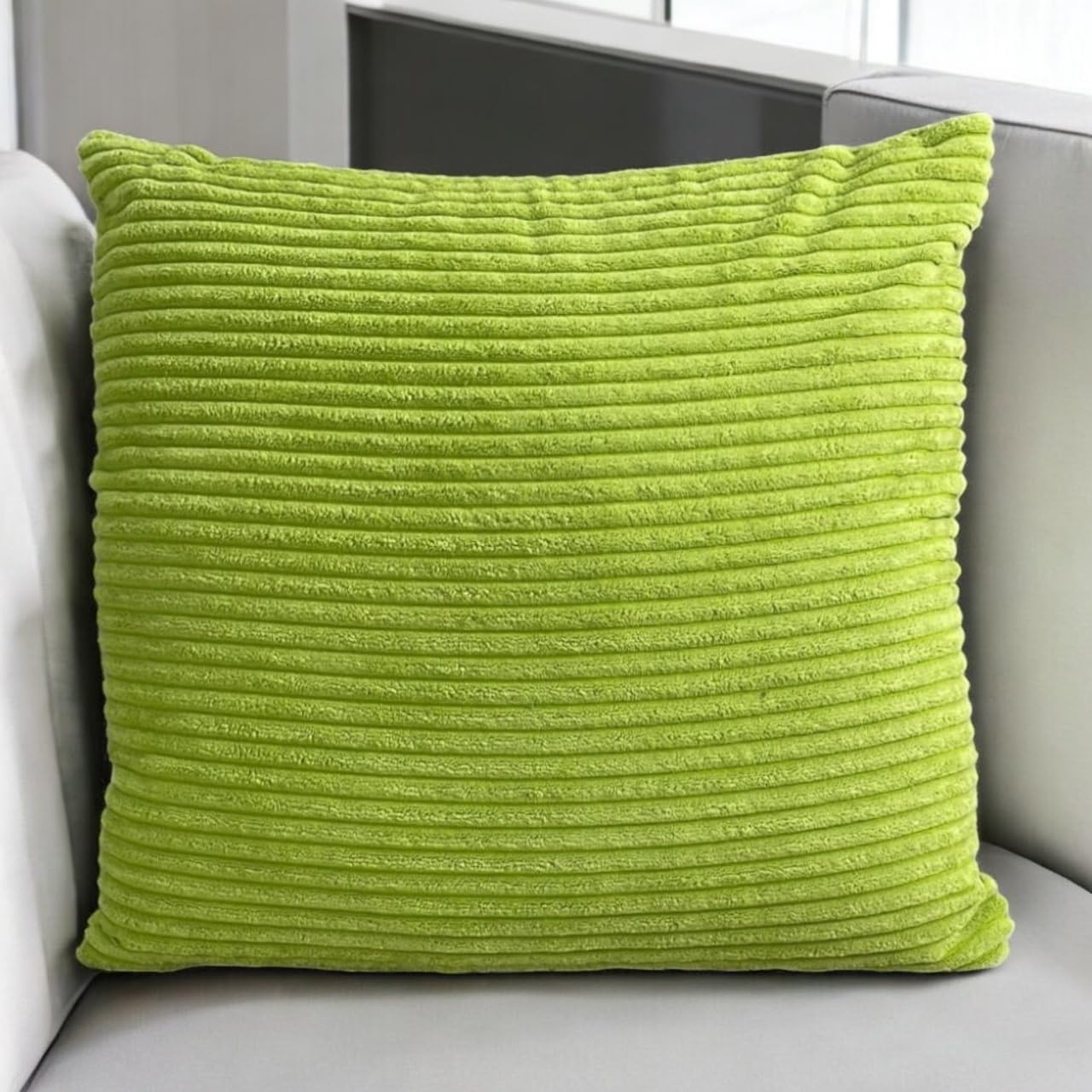 Seechoo Corduroy Cushion Covers, Set of 2, 45 x 45 cm, Striped, with Invisible Zipper, 18 x 18 Inch (Lime Green) - Image 2