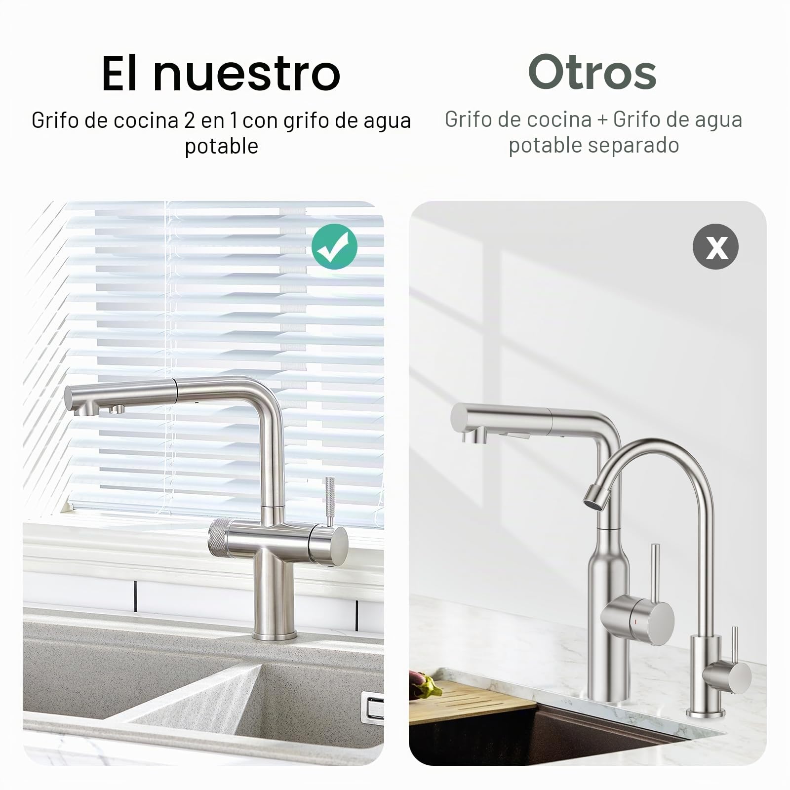 Faustina Grifo de cocina de 3 vías con ducha extensible acero inoxidable