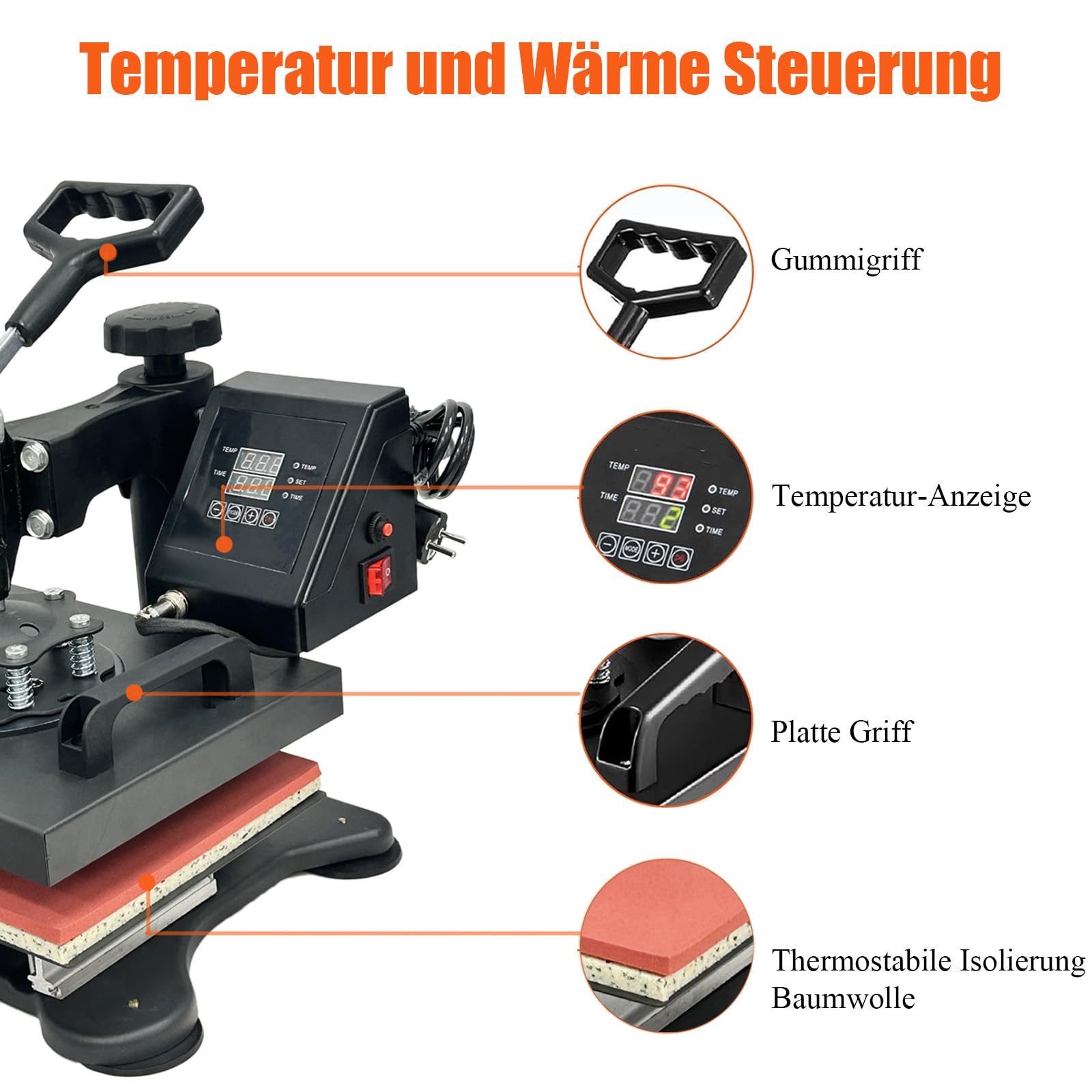 Hitzepresse Transferpresse Schwarz 25x30cm, Heißpresse Maschine Textilpresse Multifunktionale Sublimation T-Shirtpresse 360-Grad-Drehbar, Keine Montage erforderlich