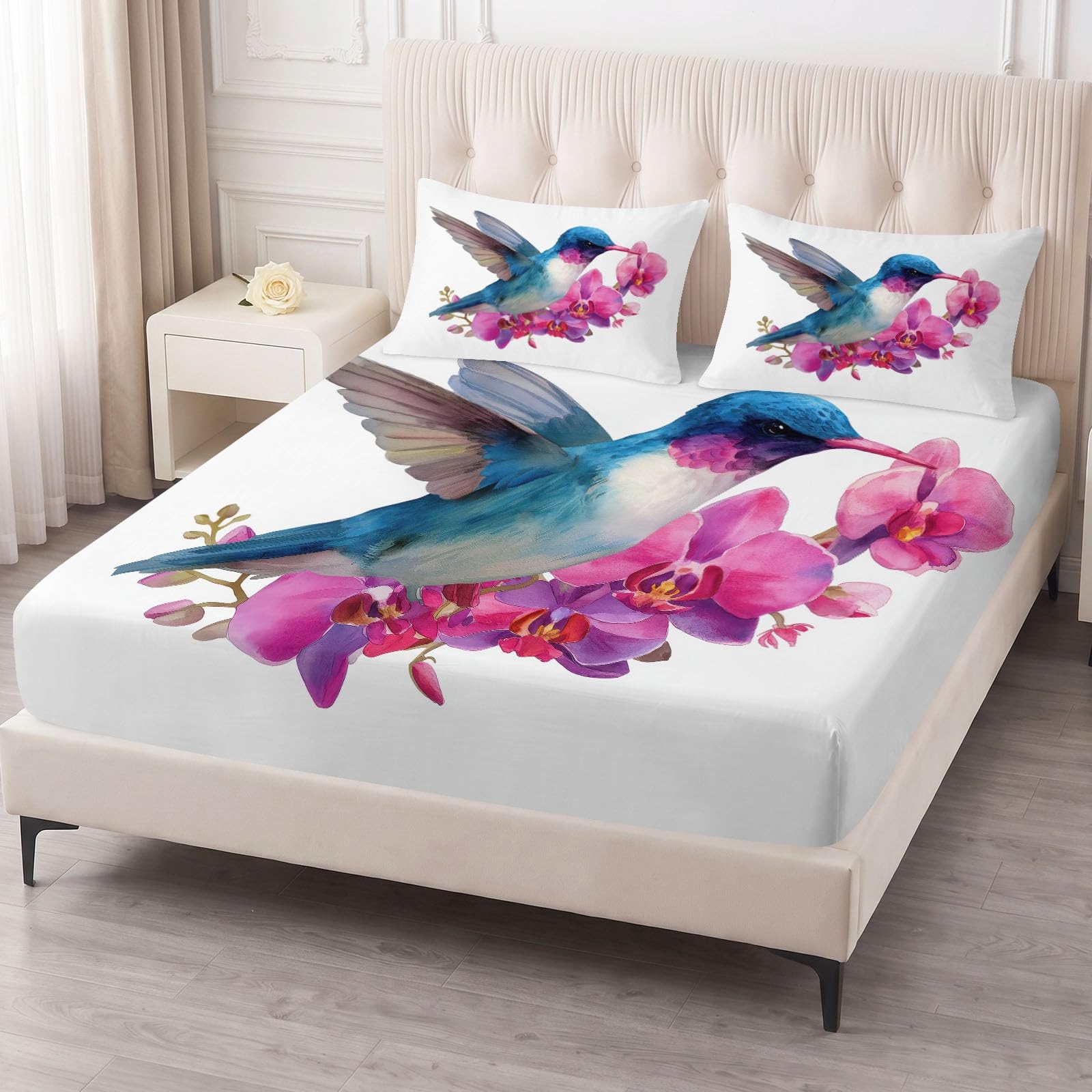Juego de sábanas bajeras ajustables de 3 piezas, 140 x 200 cm, diseño de colibrí, de microfibra, color blanco, suave y agradable a la piel, transpirable, hipoalergénica, para colchones de hasta 30 cm