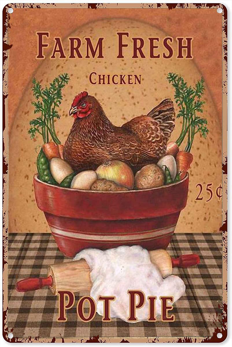 Pibonto Men's Wall Art Farm Fresh Chicken Pot Pie Funny Novelty Metal Tin Sign Retro Wall Decor For Home Gate Garden Bars Restaurants Cafes Office Store Pubs Club Vintage Sign Gifts For 8X5.5 Inch