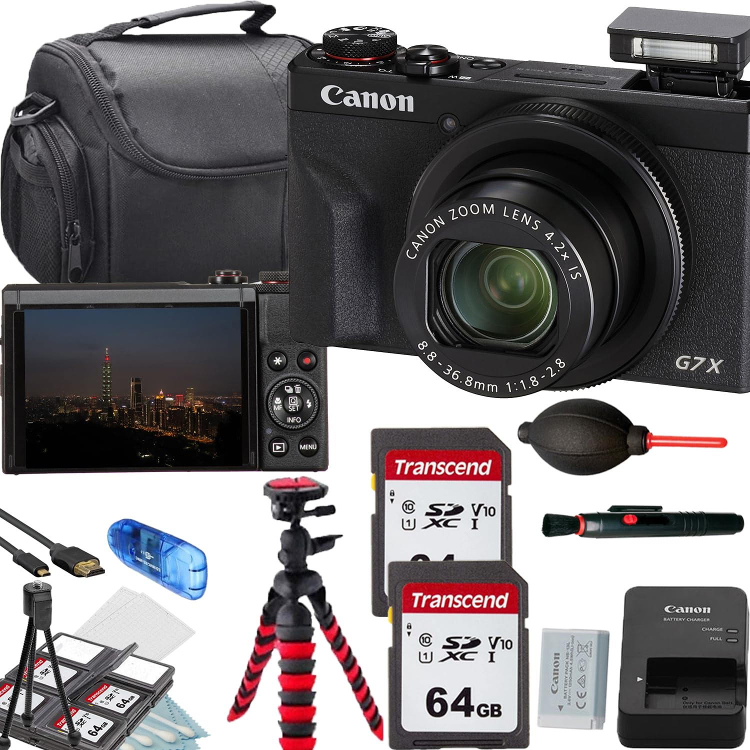 Canon PowerShot G7 X Mark III Digital Camera (Black)+2x64GB Memory Card+Camera Shoulder Bag+Flex SpiderTripod+Deluxe Accessory Bundle (Renewed)