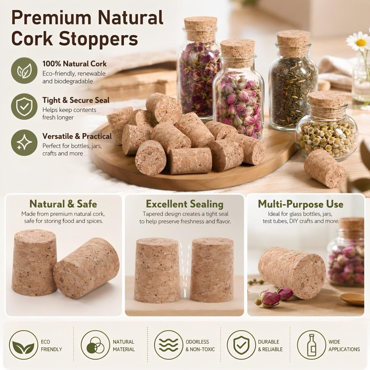 Mini Bottle Cork Stoppers, 100 Piece Tapered Wood Cork Set