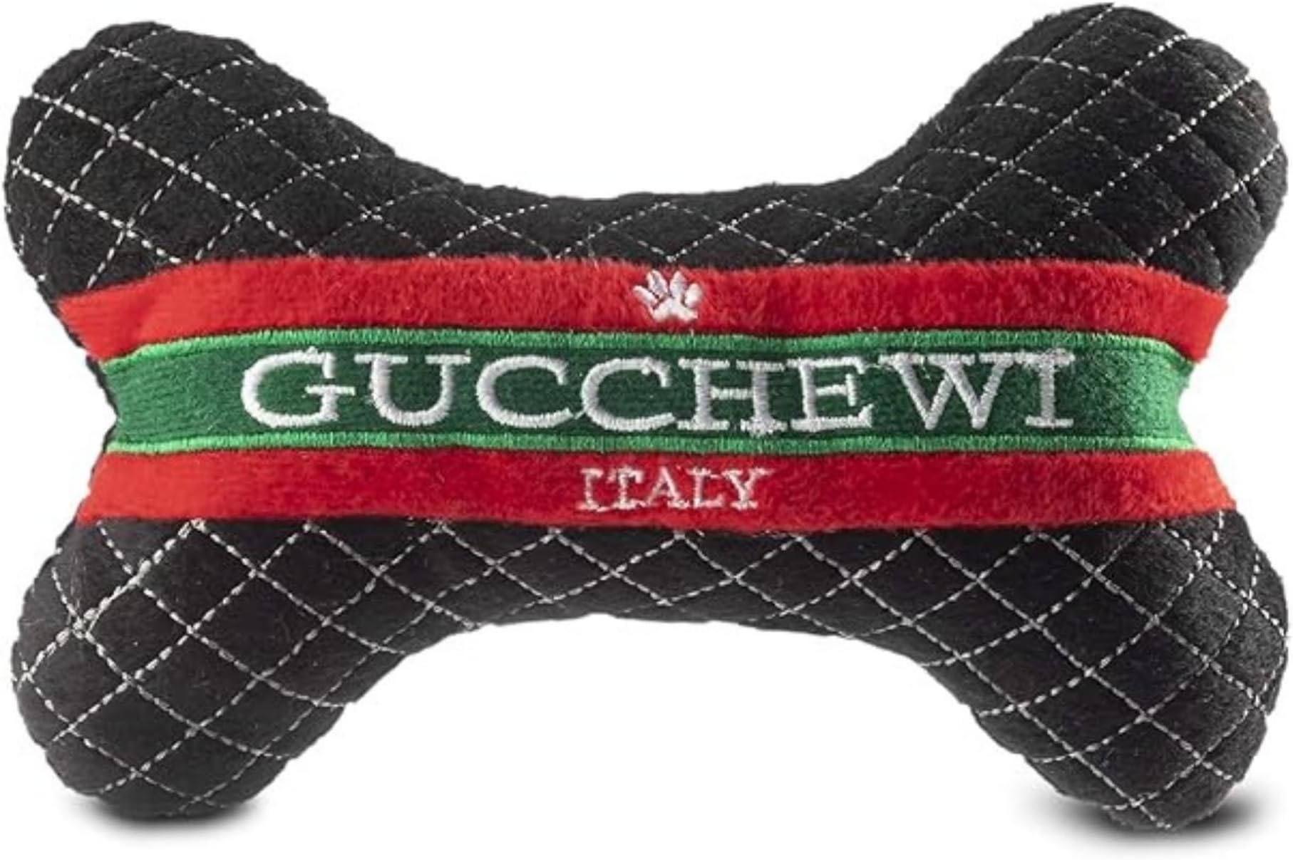 Gucchewi Plush Dog Toy Bone | Luxury-Inspired Parody Designer Bone with Squeaker, Soft Plush Chew & Play Dog Toy – Prêt-à-Porter Play!