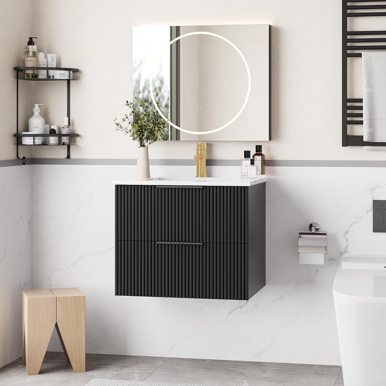 Pipleo 24" Bathroom Vanity Cabinet with Sink and Faucet, Wall Mounted Floating Bathroom Vanity with 2 Big Drawer and Metal Handles (Black, 24")