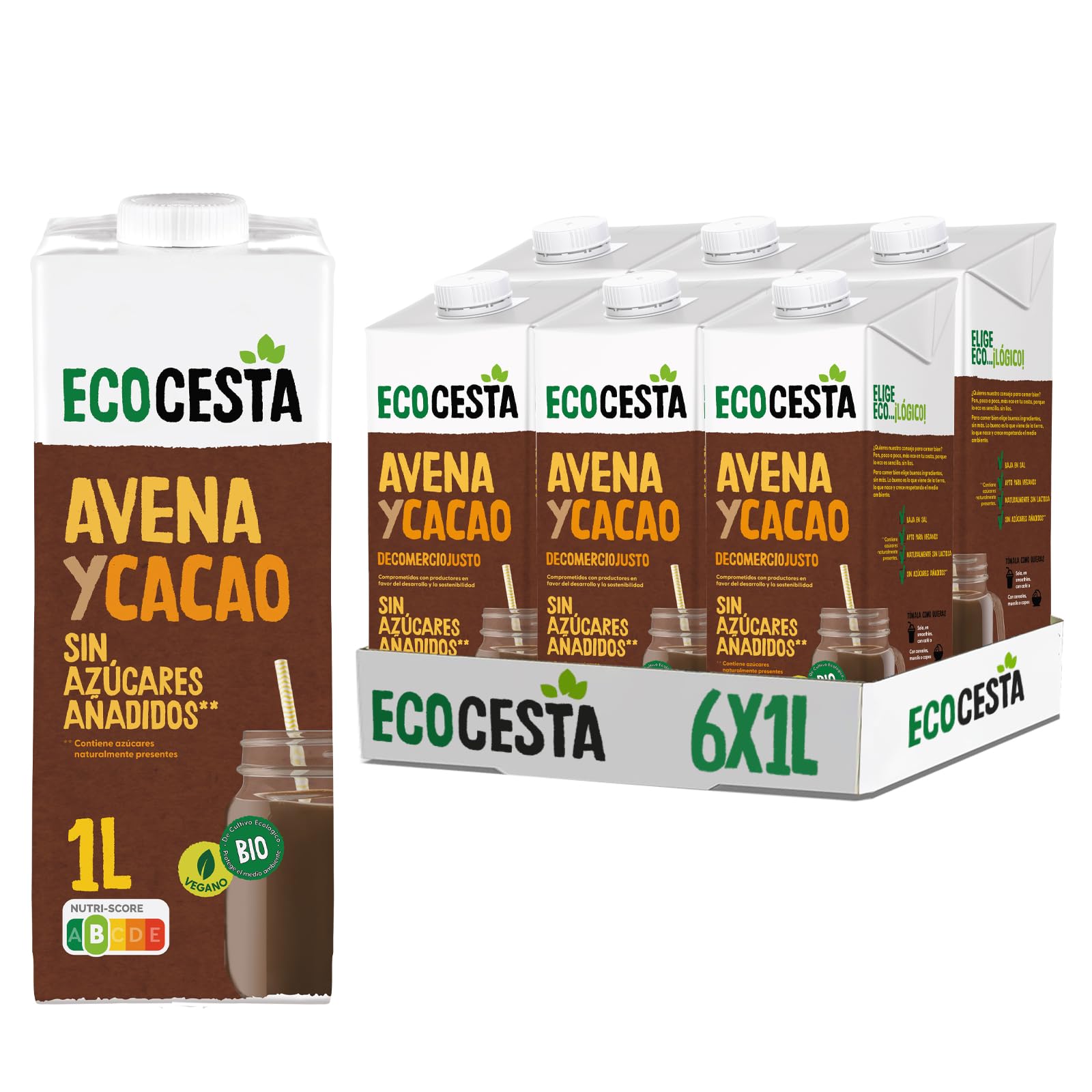 Ecocesta Bebida Ecológica Vegetal de Avena con Cacao Pack 6 x 1 L Sin Azúcar Añadido