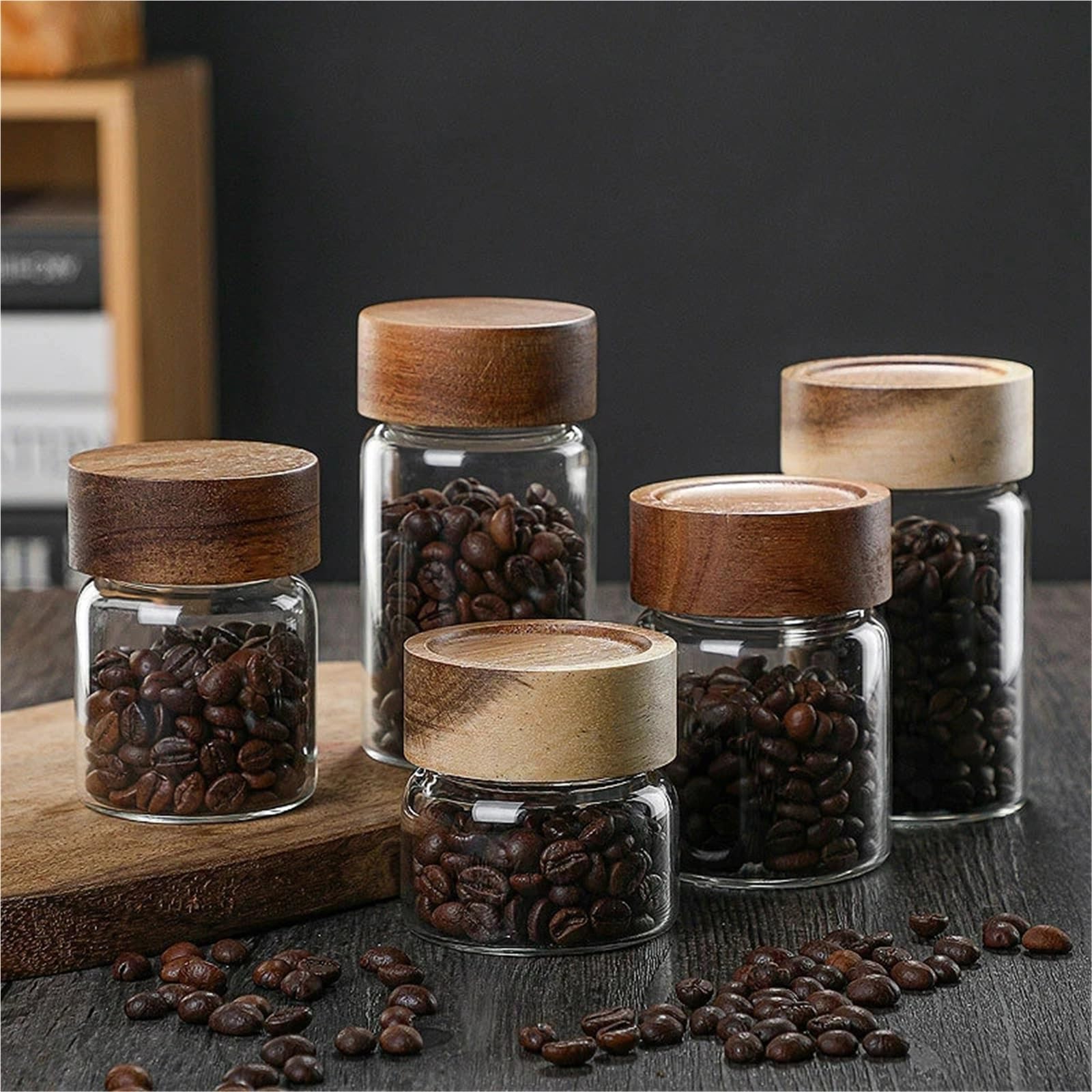 Glasgefäße mit Deckel, Küchen-Aufbewahrungsflaschen, Glas, Holzdeckel, luftdichter Behälter aus Glas, versiegelter Lebensmittelbehälter for Tee, Kaffeebohnen, Getreide, Süßigkeiten, Gläser, Organizer