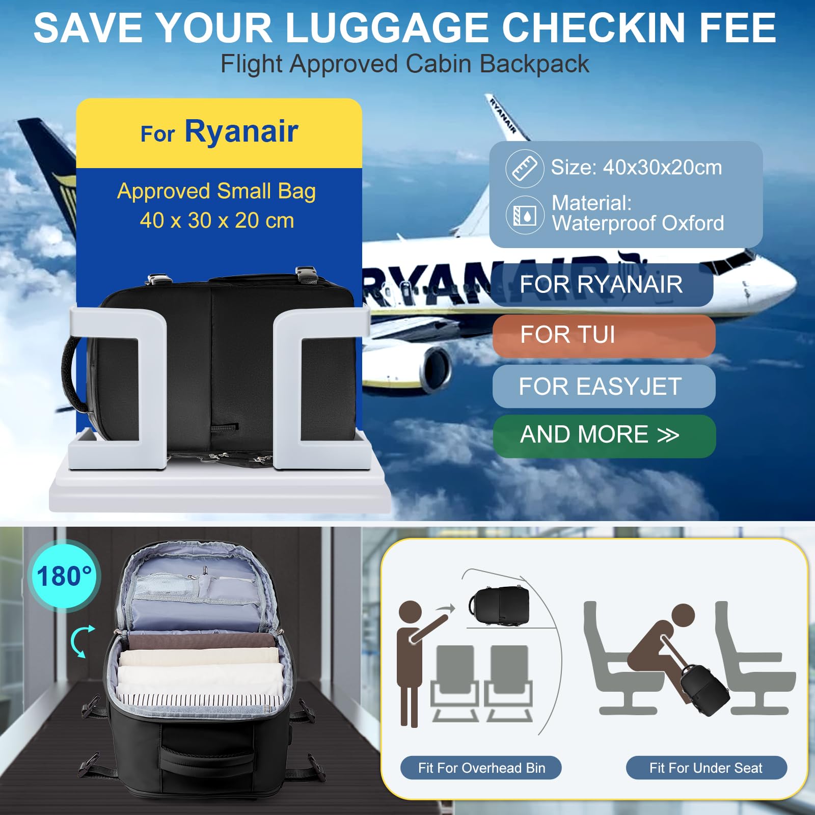 SZLX Zaino Ryanair 40x30x20 Sottovuoto Zaino da Viaggio 40x30x20 Wizzair Bagaglio a Mano 40x20x25 Borse da Cabina per Easyjet 45x36x20 Donna con USB Adatto a PC da 14 Pollici, Valigia con Sottovuoto