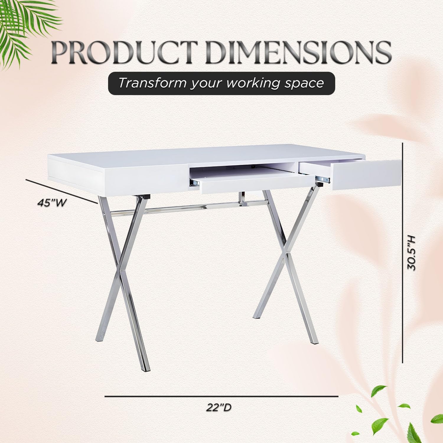 Kings Brand Furniture Contemporary Style Home & Office Desk, White/Chrome