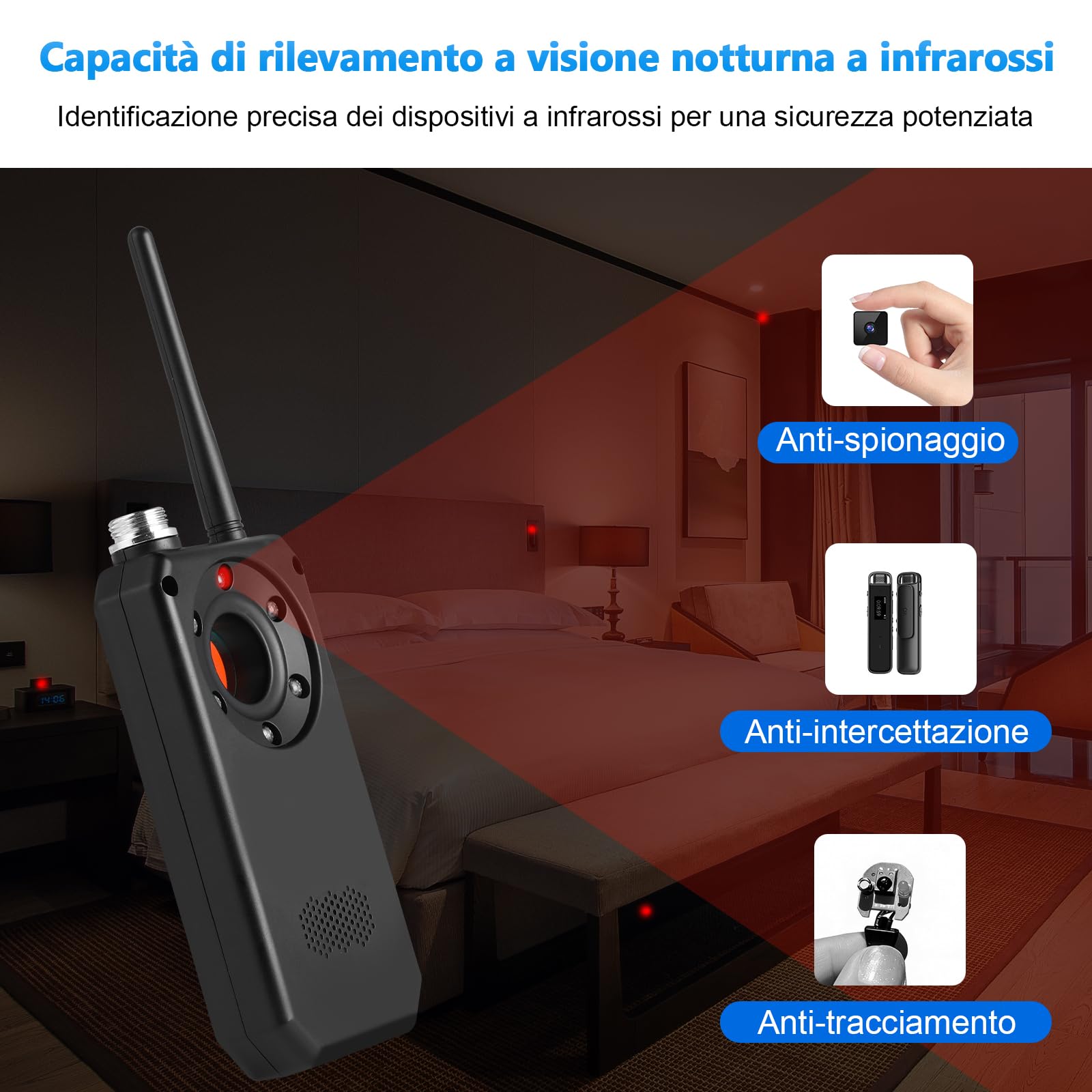Rilevatore Microspie Senza Fili 6 in 1 - Detecțeur Telecamere Nascoste, GPS, RF e GSM, Rivelatore di Dispositivi di Ascolto, Rilevatore di insetti per Hotel, Ufficio, Casa