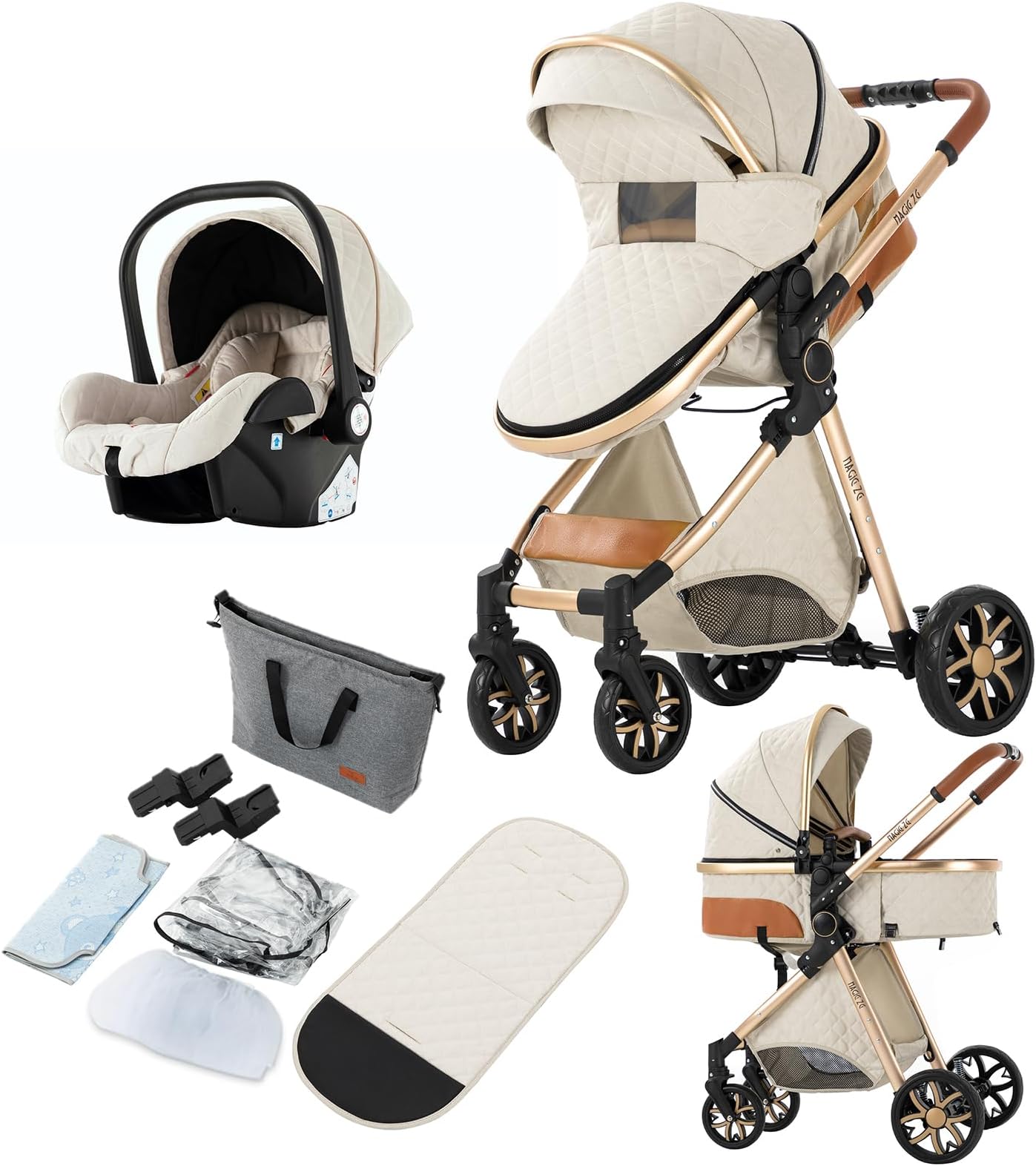 3 in 1 Baby Travel System, Reversible Baby Stroller, Pushchair Luxury Baby High Landscape Pram, Portable Standard Pram Buggy, Foldable Baby Carriage for Newborn Toddler (MGV9-WHITE Without Base)