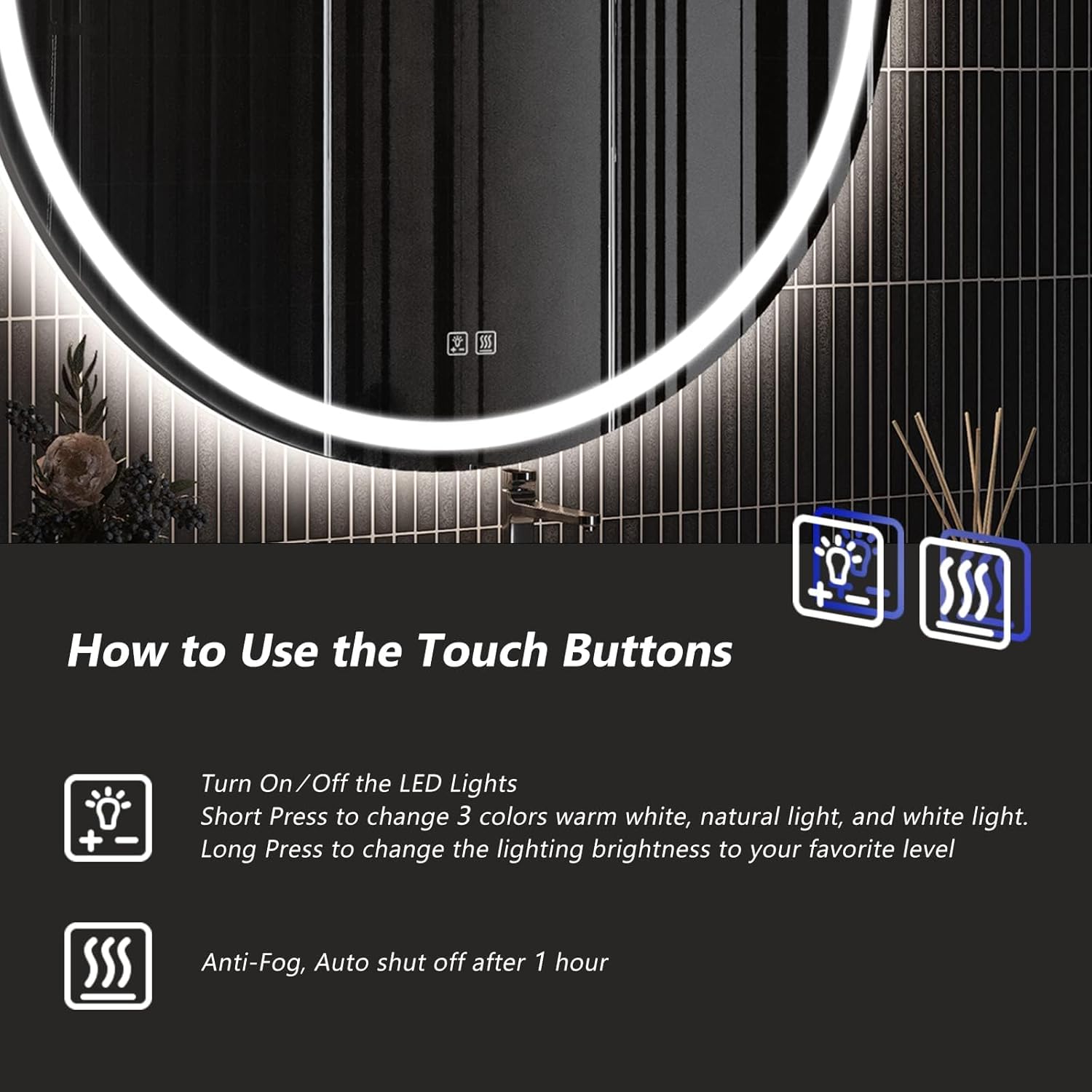 ROOMTEC 32 Inches LED Bathroom Mirror with Front and Backlit,Anti-Fog,3 Colors and Dimmable Light(ETL/UL Certification)