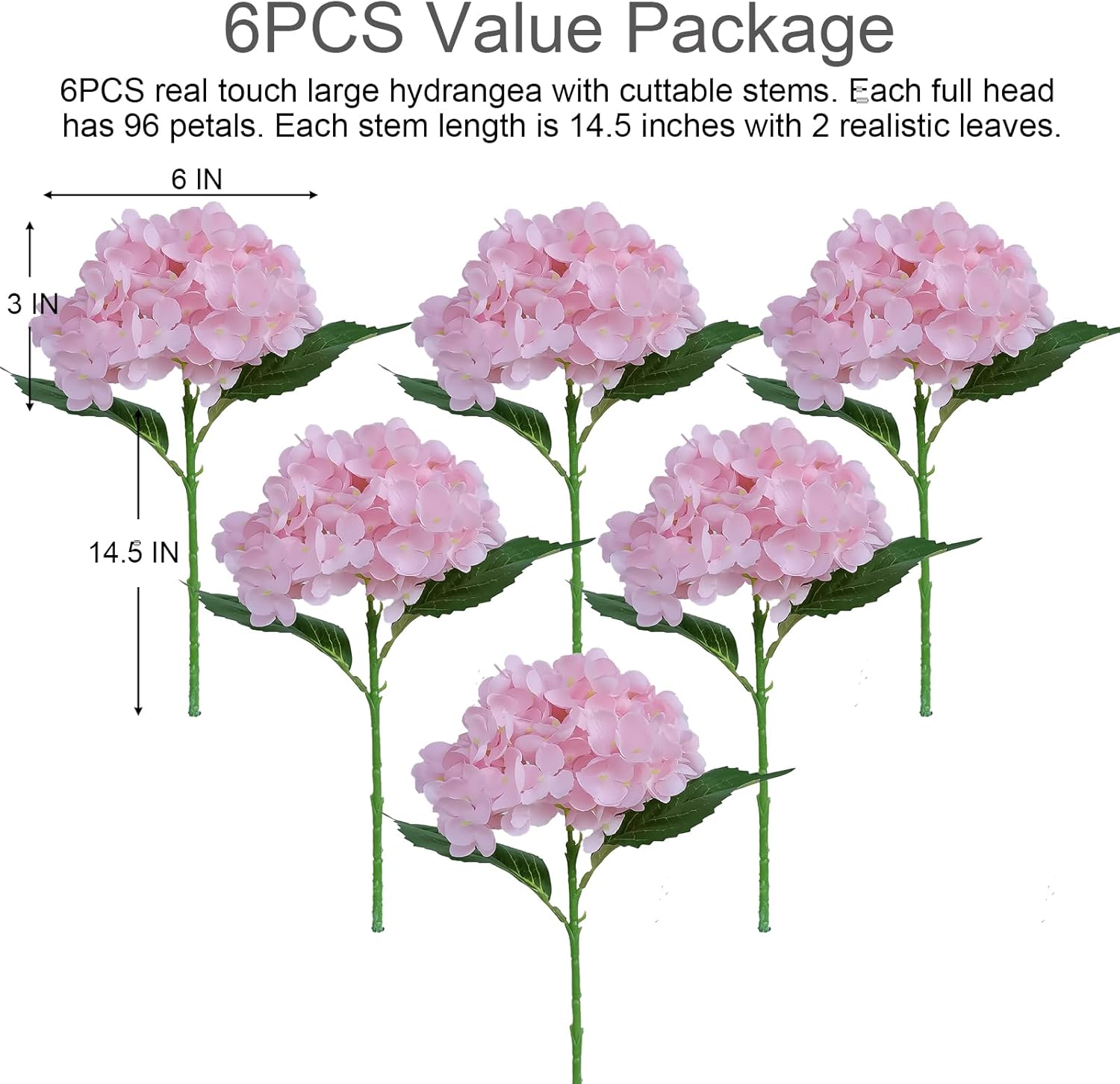 6PCS Premium Pink Hydrangea Artificial Silk Flowers, Lifelike Fake Hydrangea Head with Stems, Faux Floral Arrangements for Wedding Bouquets, Home Table Centerpieces, Party Decoration - Image 2