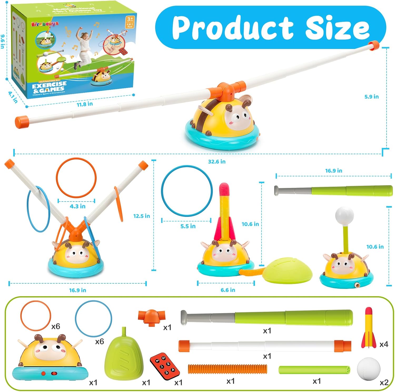 4 in 1 Musical Jump Toy, Toss Ring & Baseball Game, Indoor Outdoor Toys for Kids 4-8, Inside Outside Family Sports Games for Ages 3-7, Ideal Birthday, Party Favor Gifts for Boys Girls Ages 3 4 5 6 7 8