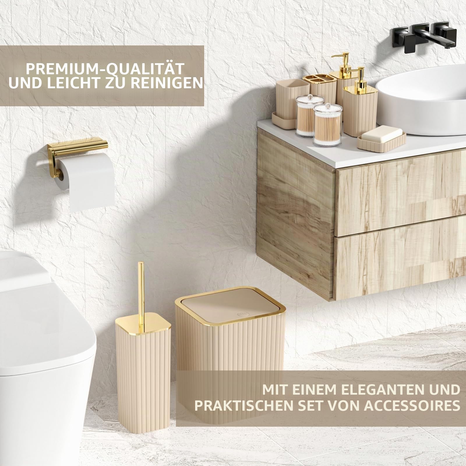 XLHOMO Badezimmer-Zubehör-Set – wunderschönes Badezimmer-Set, 10-teilig, beige, Badezimmer-Zubehör-Set, WC-Bürste, Mülleimer und Seifenspender