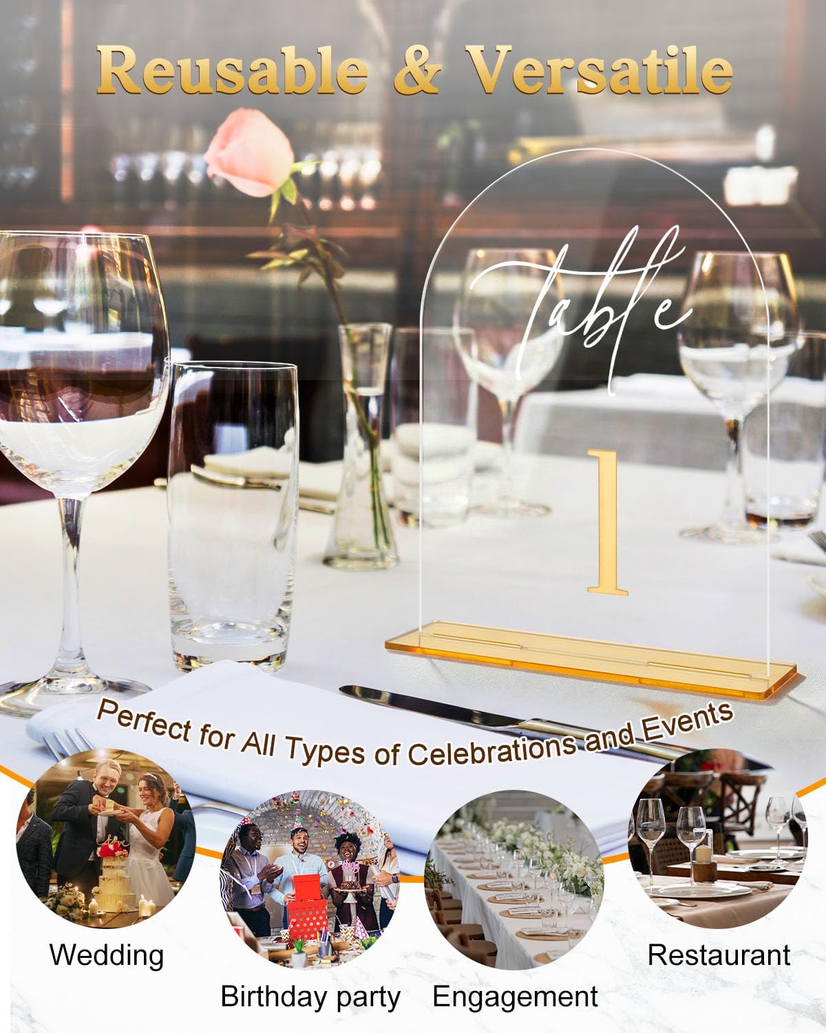 Wedding Table Numbers 1-10 with Stands 5.5 x 7” Gold Number Arched Clear Acrylic Table Numbers Signs for Wedding Reception, Anniversary, Event, Party(1-20)