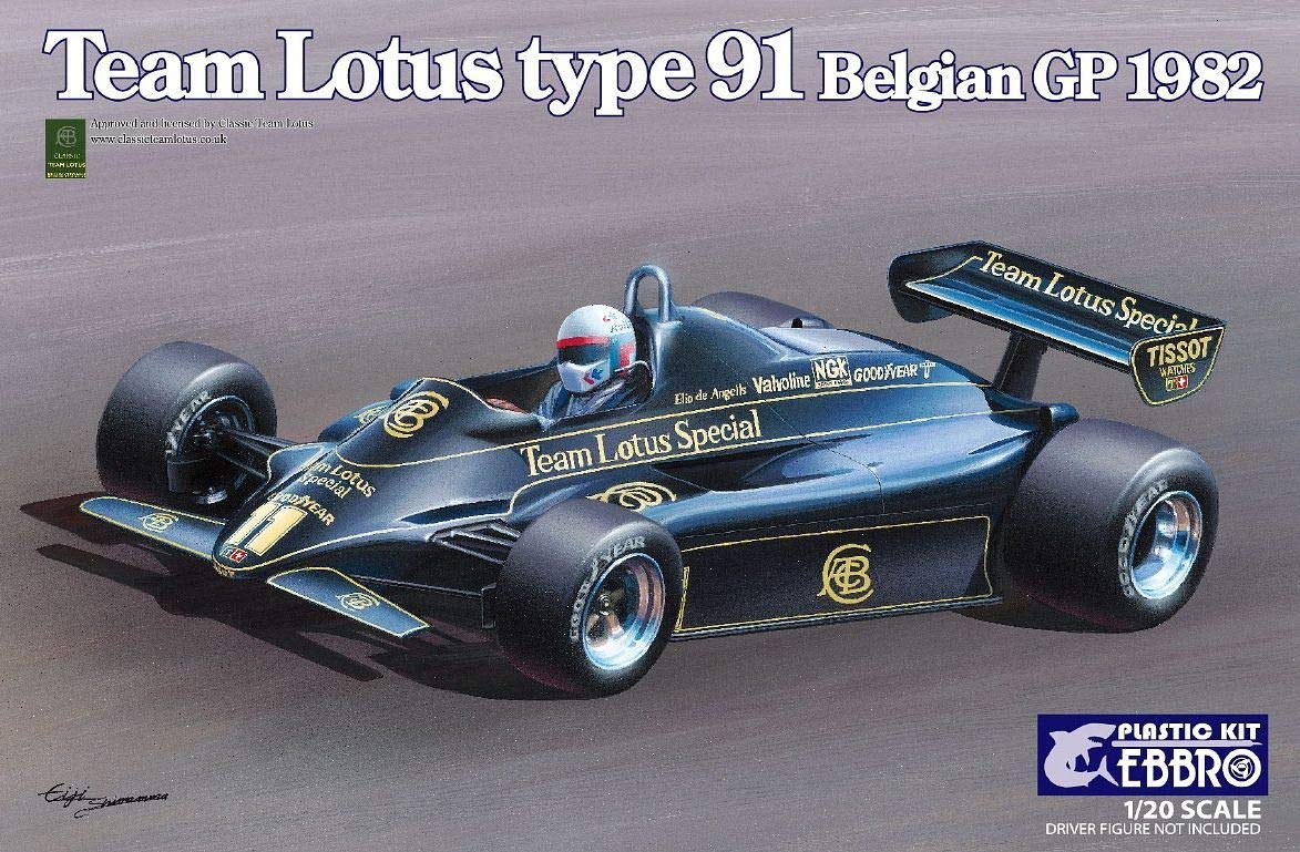 Ebbro 1/20 Scale Team Lotus Type 91, 1982 Belgian Grand Prix Race Car Plastic Model Kit # 20019