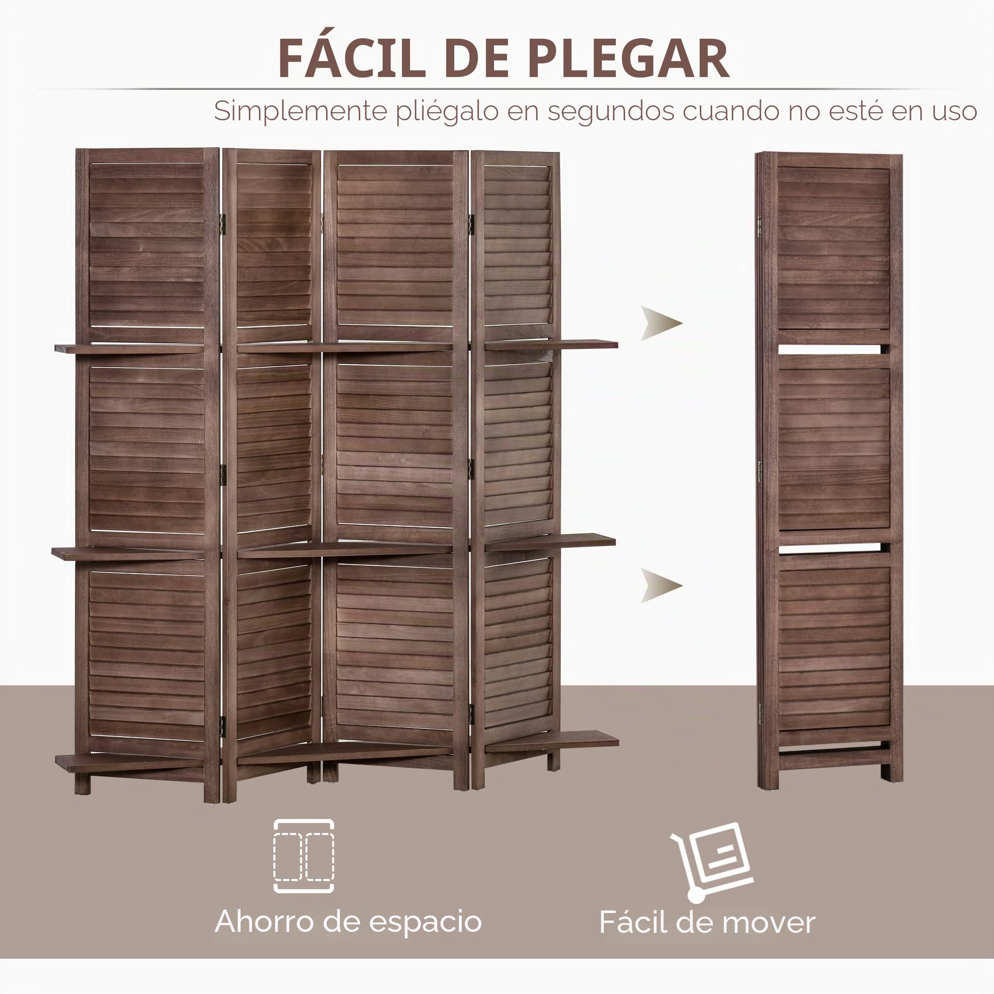 HOMCOM Biombo Plegable de 4 Paneles con 3 Estantes 162x170 cm Nogal