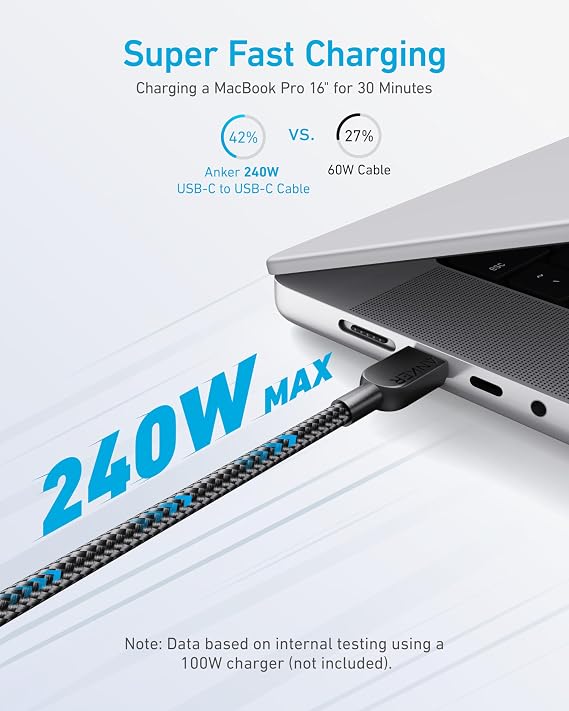 Anker USB C to USB C Cable, 240W Fast Charging Cord (2-Pack, 3 ft, Black)