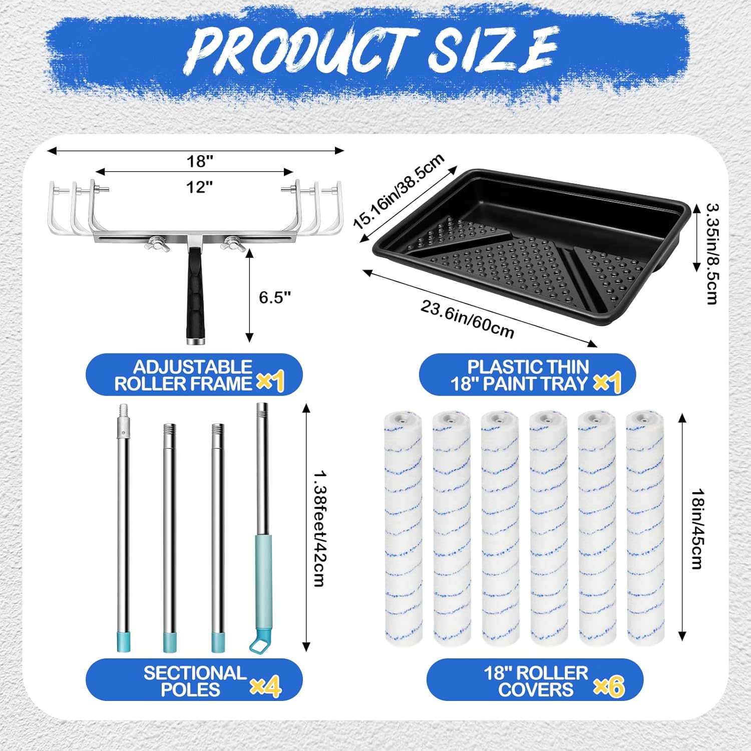 Zhanmai 12 Pcs Professional Paint Roller Kit with 23'' Tray for Large Area, Includes 6 18" Microfiber Rollers, 12-18" Adjustable Frame, 1-5ft Extension Pole for Wall, Ceiling, Garage(Classic,Blue)