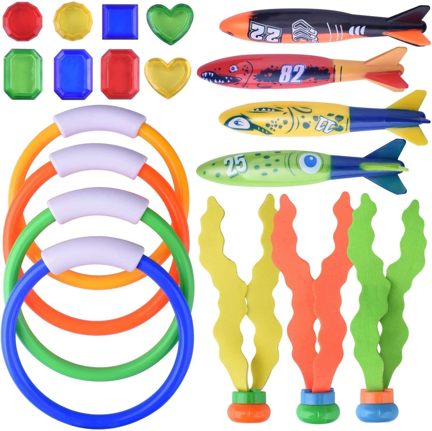 Diving Toys for Pool for Kids - Hamkaw 19 pcs Dive Underwater Toys Swimming Pool Toy Gift Set - Diving Rings - Diving Torpedo - Seaweed - Under Water Treasures