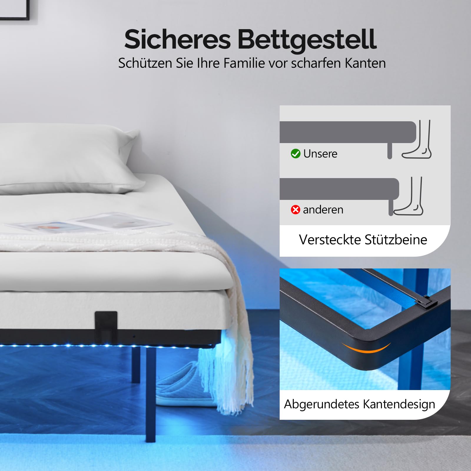Bonnlo Bettgestell mit Lattenrost, Bett mit LED Beleuchtung, Metallbett Robust mit 1 AC-Steckdose und USB-C-Anschluss, Schwebenbett mit 36 cm Höhe schwarz (ohne matratze) (90 x 200 cm)