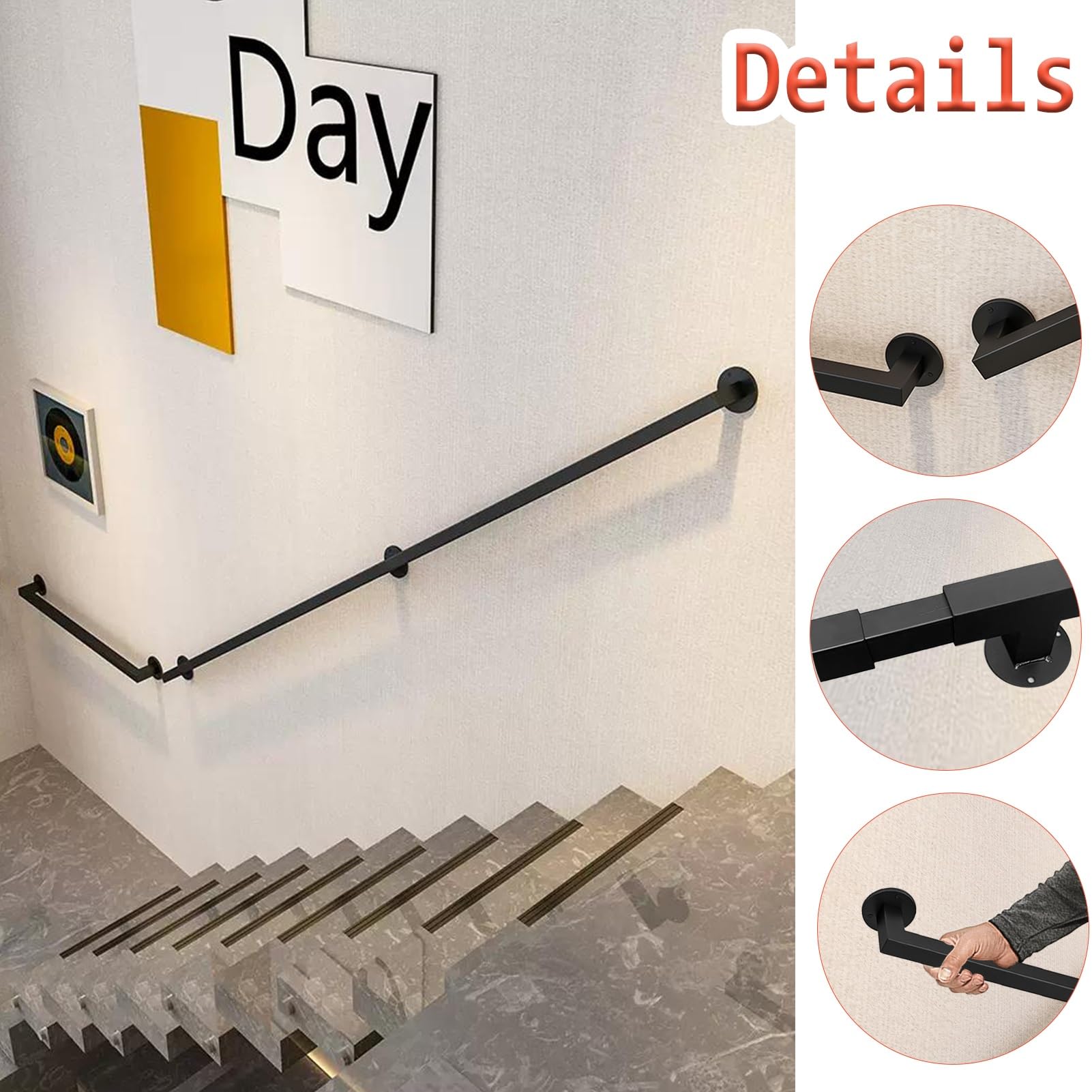 Schwarzer Haltegriff aus quadratischem Rohr für den Außenbereich, Handlauf mit Wandhalterungen und Metallschrauben, moderne Stützstange für Flure, mattschwarze Wandhalterung für Treppengeländer(330cm)