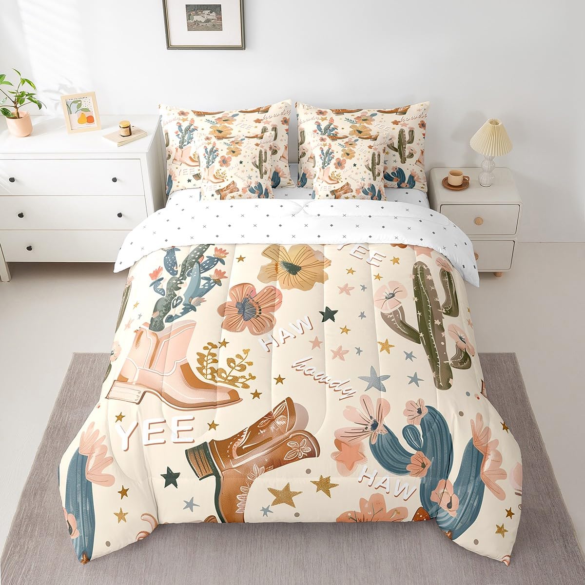Manfei 7 Pieces Cowboy Comforter Set Twin Size, Cowboy Boots Bedding Set for Kids Girls Bedroom Decor, Wild West Cactus Flower Cowgirl 7pcs Bed in a Bag with Comforter, Sheets and Pillow Cases
