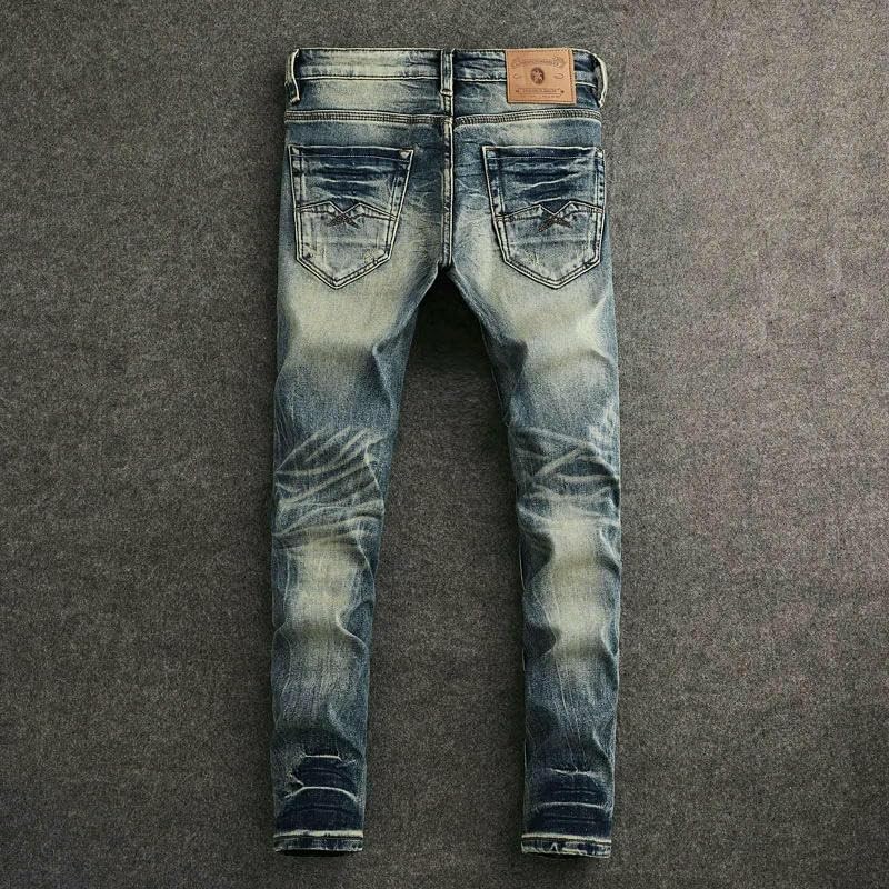 Mens Street Jeans Retro Washed Blue Stretch Slim Fit Ripped Jeans Men Pocket Designer Vintage Casual Denim Pants2