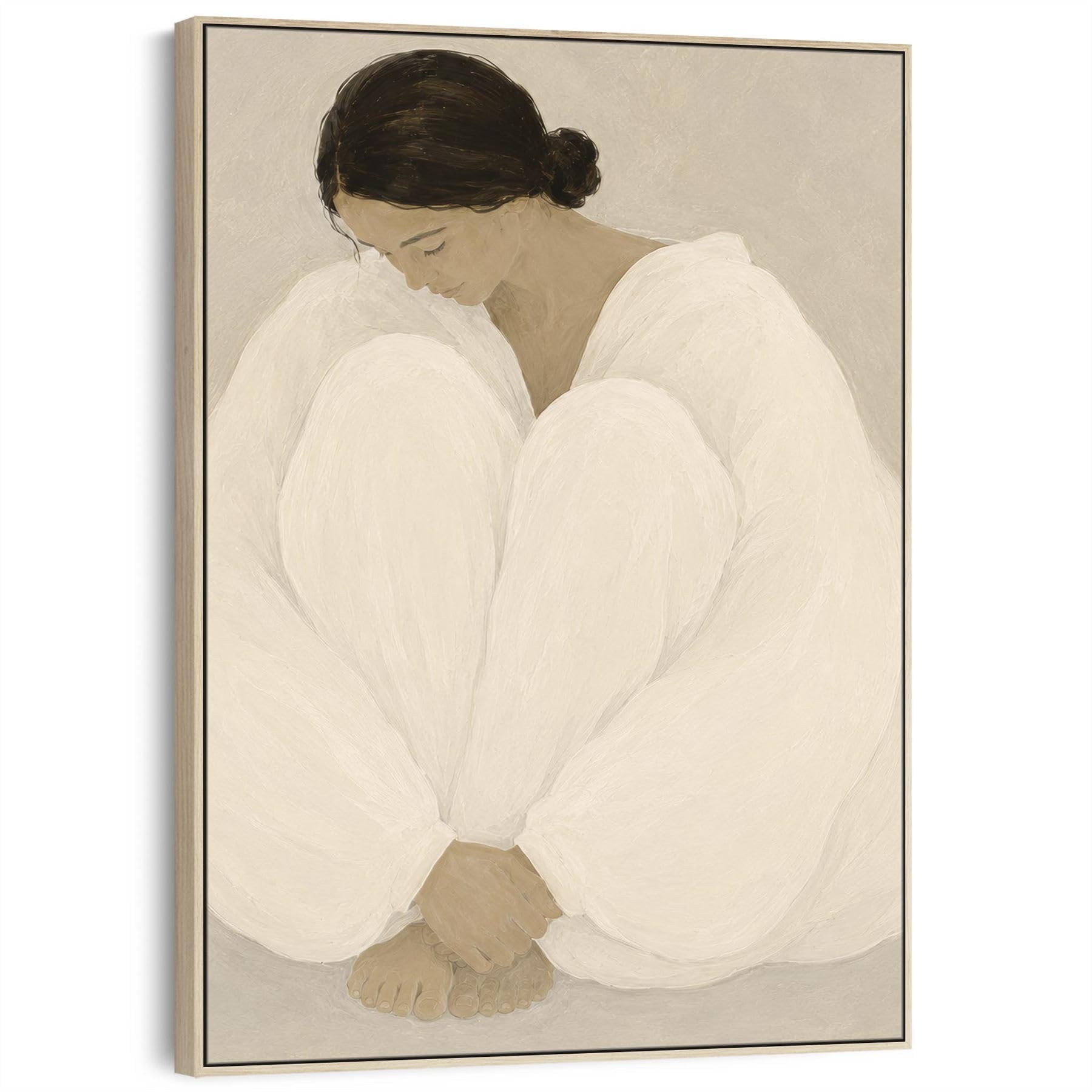 Wallfillers Neutral Beige Framed Bedroom Wall Art - Serene Woman 1 - (82Cm X 123Cm)