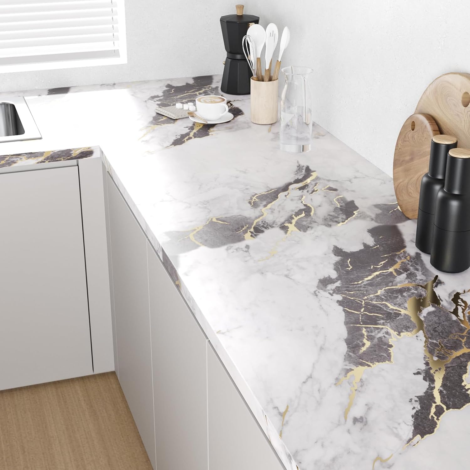 Thick Marble Wallpaper Peel and Stick Countertops Black/White/Gold Marble Contact Paper for Countertops Vinyl Wrap Waterproof Self Adhesive Cabinet Wallpaper for Kitchen Bathroom 15.7"x118"