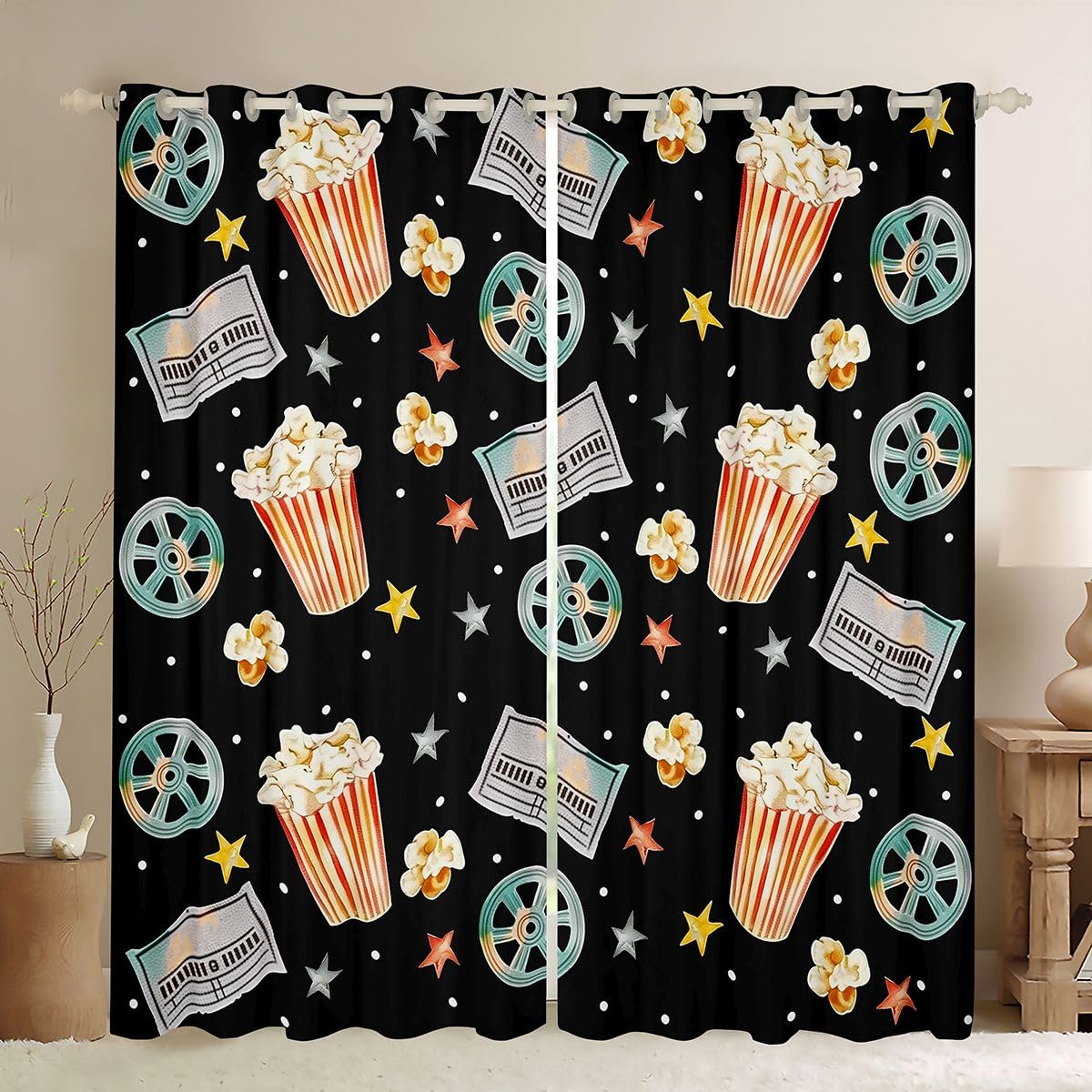 Rideaux voilage motif popcorn et étoiles jaune et gris avec envers occultant épais 117x183