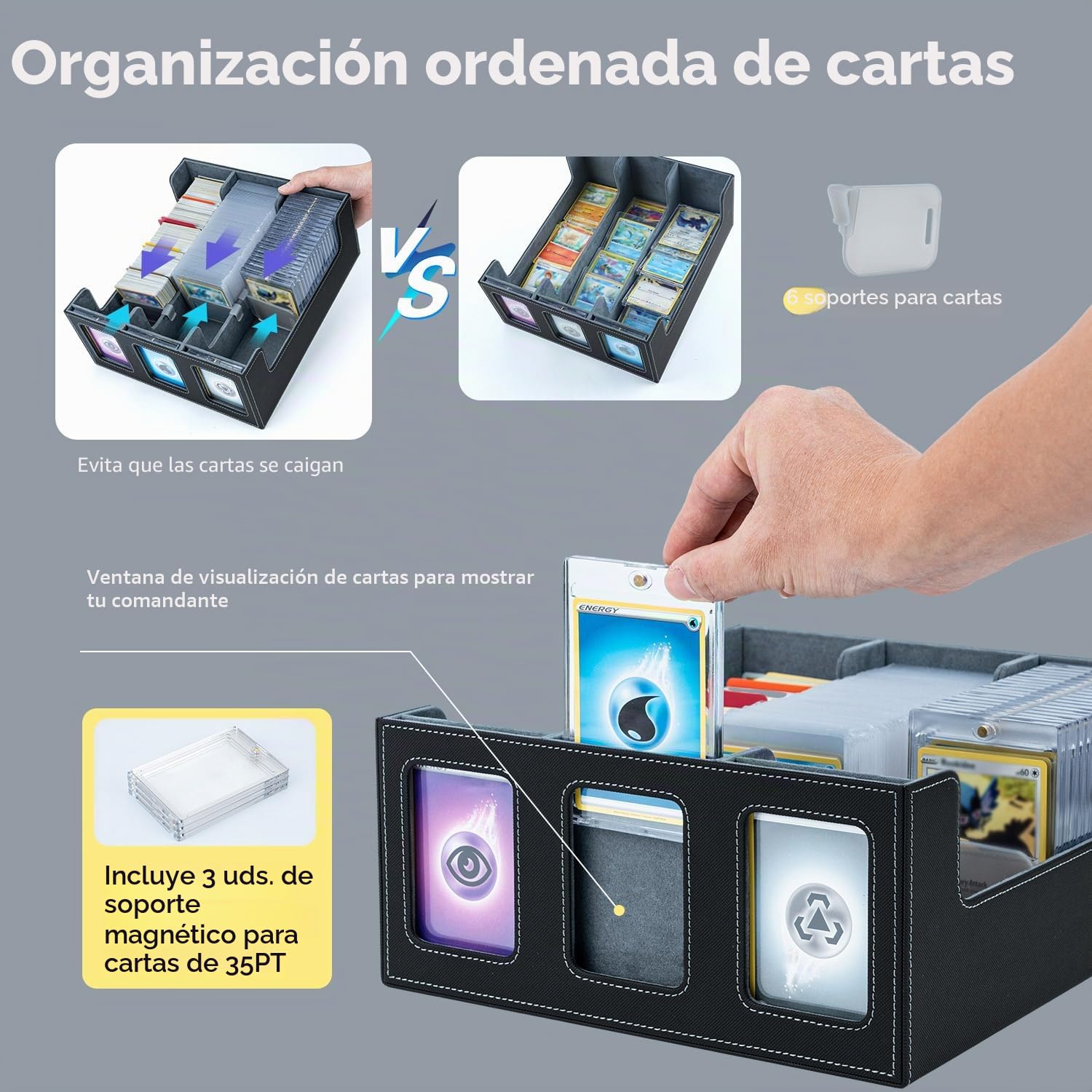 Caja de Cartas para MTG con ventana y 3 unidades 35PT magnético tarjeta para 1800+ tarjetas, con 10 separadores y 6 clips de valla, para Magic Commander TCG Cartas - Negro