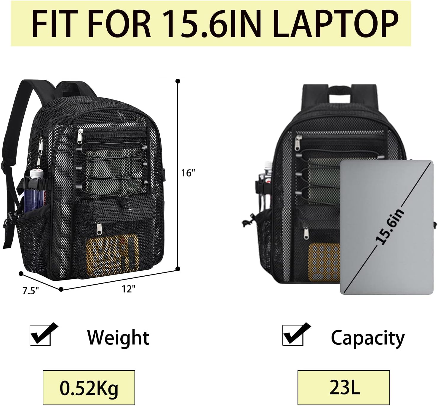 Mesh Backpack Heavy Duty for School, 23L Mesh Bookbag for Adults, See Through Black Mesh School Bag with Laptop Pocket for Work Swimming Beach Fitness Sport
