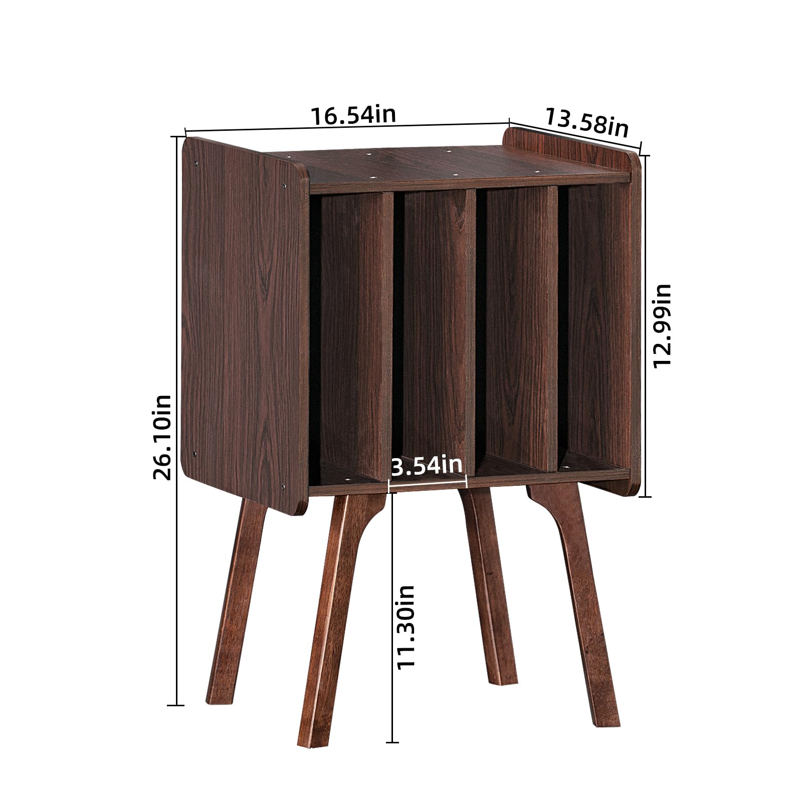 LELELINKY Holz Schallplattenständer mit 4 Schränken, Mid-Century Vinyl Plattenspieler Tisch mit Massivholzbeinen, Hält Bis Zu 100 Alben,Walnuss Vinyl Schallplatten Regal für Schlafzimmer, Wohnzimmer