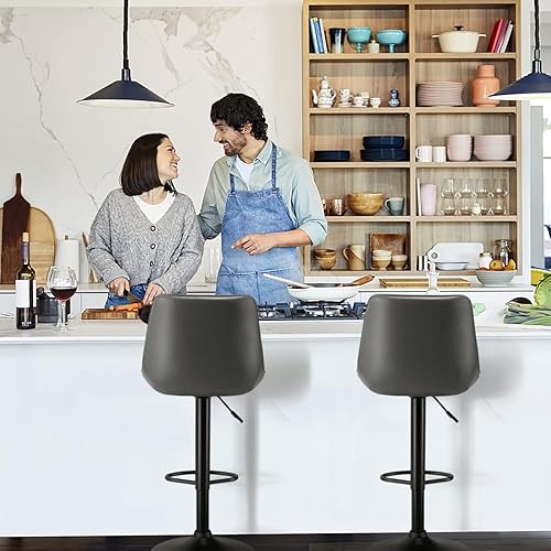 Miniatura 4 de Waleaf Juego de 4 taburetes de bar, taburetes de bar de cuero de altura de mostrador ajustable con respaldo, moderna silla de bar giratoria sin