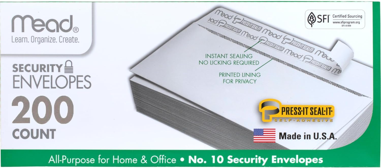 Mead #10 Security Business Envelopes Letter Size 4-1/8" x 9-1/2" – Peel and Seal, Privacy Lined, No-Window, Press-It Seal-It Self-Adhesive for Home & Office Mailing, 500 Count (740010)