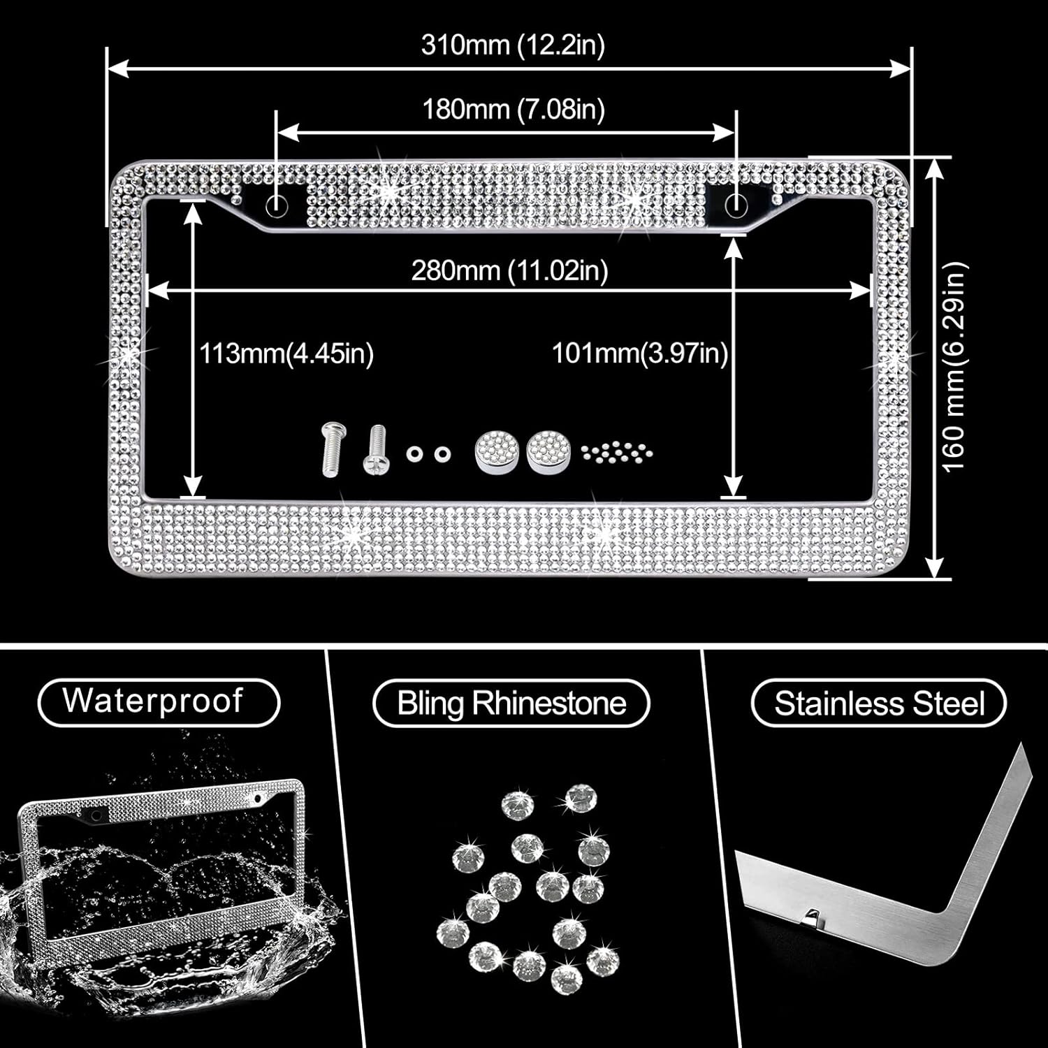 Bling Car Accessories Set for Women MAIMEIMI Rhinestone Decorations Interior with Steering Wheel Covers, License Plate Frame, Car Holder & Charger,14pcs Cute Girly Decor Set for Auto (White)