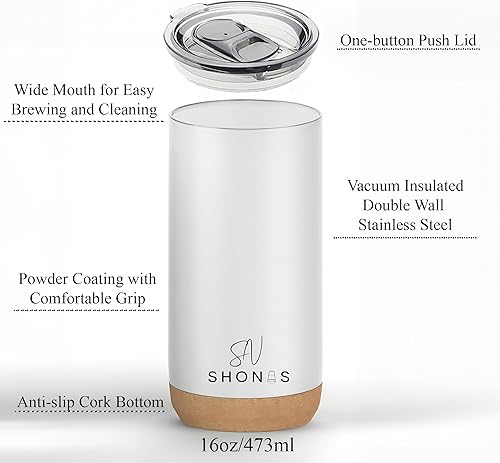 Miniatura 2 de SHONAS Taza térmica de viaje de acero inoxidable de doble pared aislada al vacío de 16 onzas calientefría durante horas, parte inferior de corcho