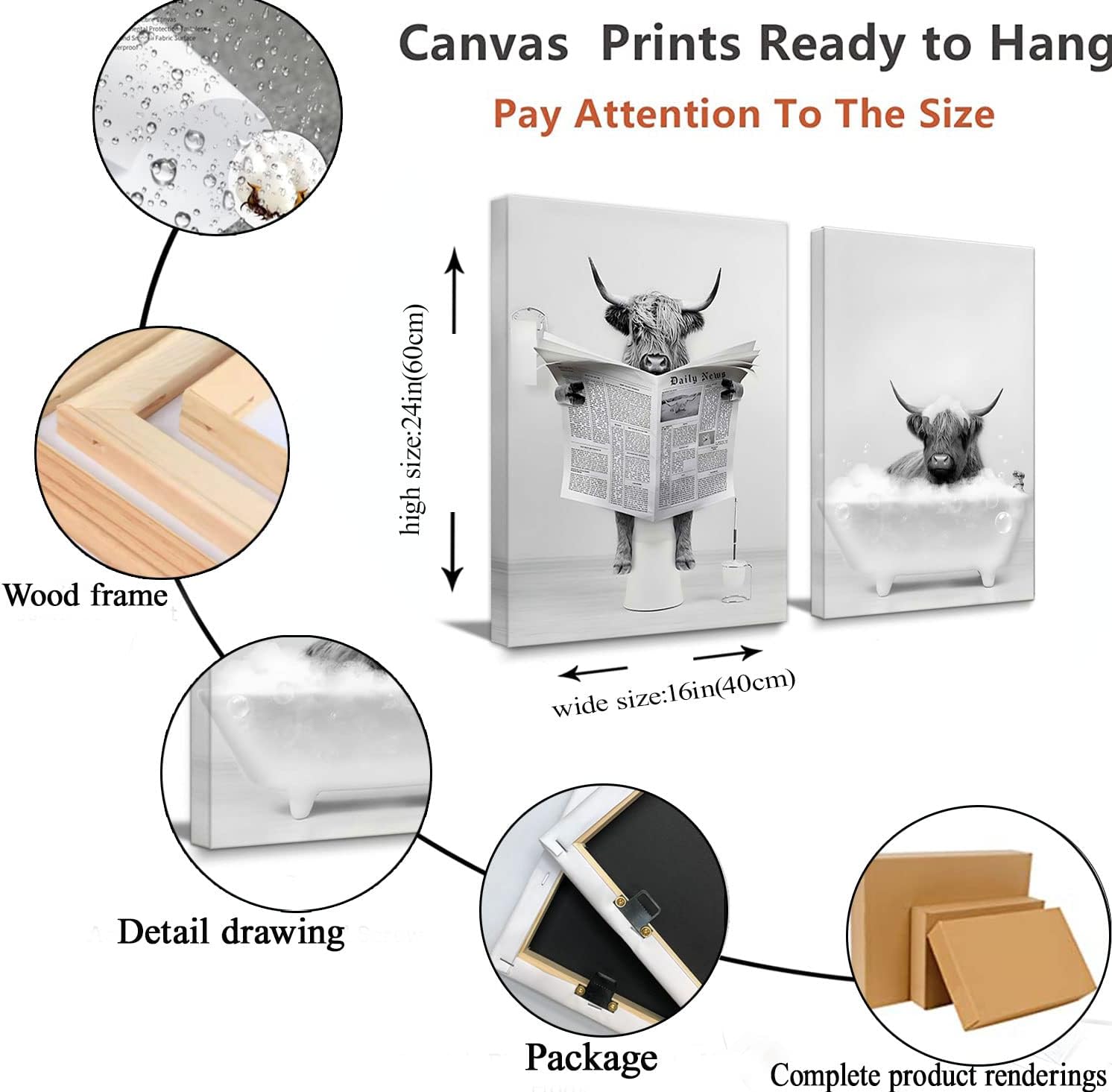 Riveda Highland Cow Bathroom Wall Art Set of 2 Funny Cow Canvas Prints, Farmhouse Animal Pictures Wall Decor for Bathroom, Toilet Rustic Farm Style Painting Poster, Ready to Hang 16x24Inches