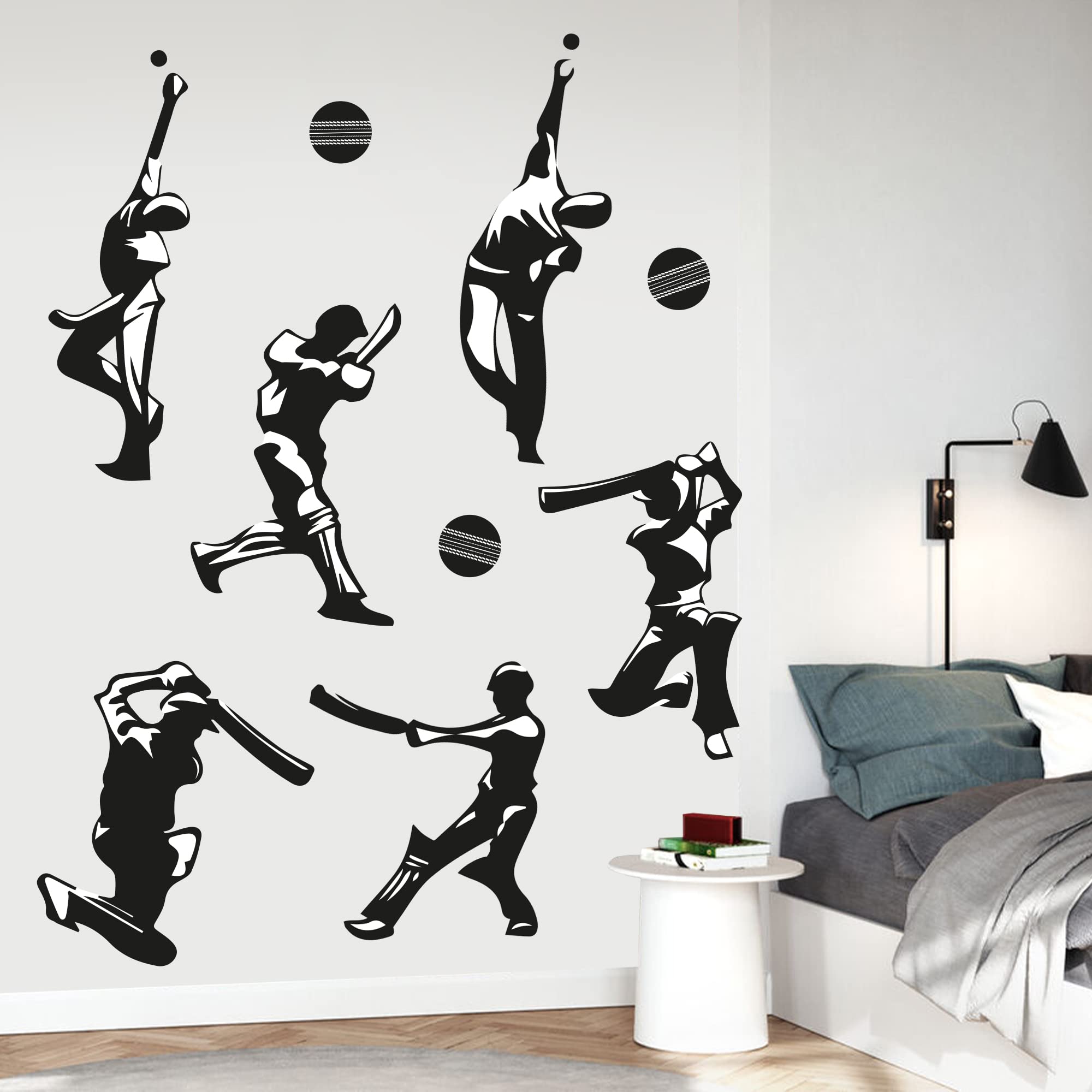 Themed Cricket Wall Sticker - Cricket Player Silhouettes Wall Decal Sports Art (120Cm Width X 70Cm Height)