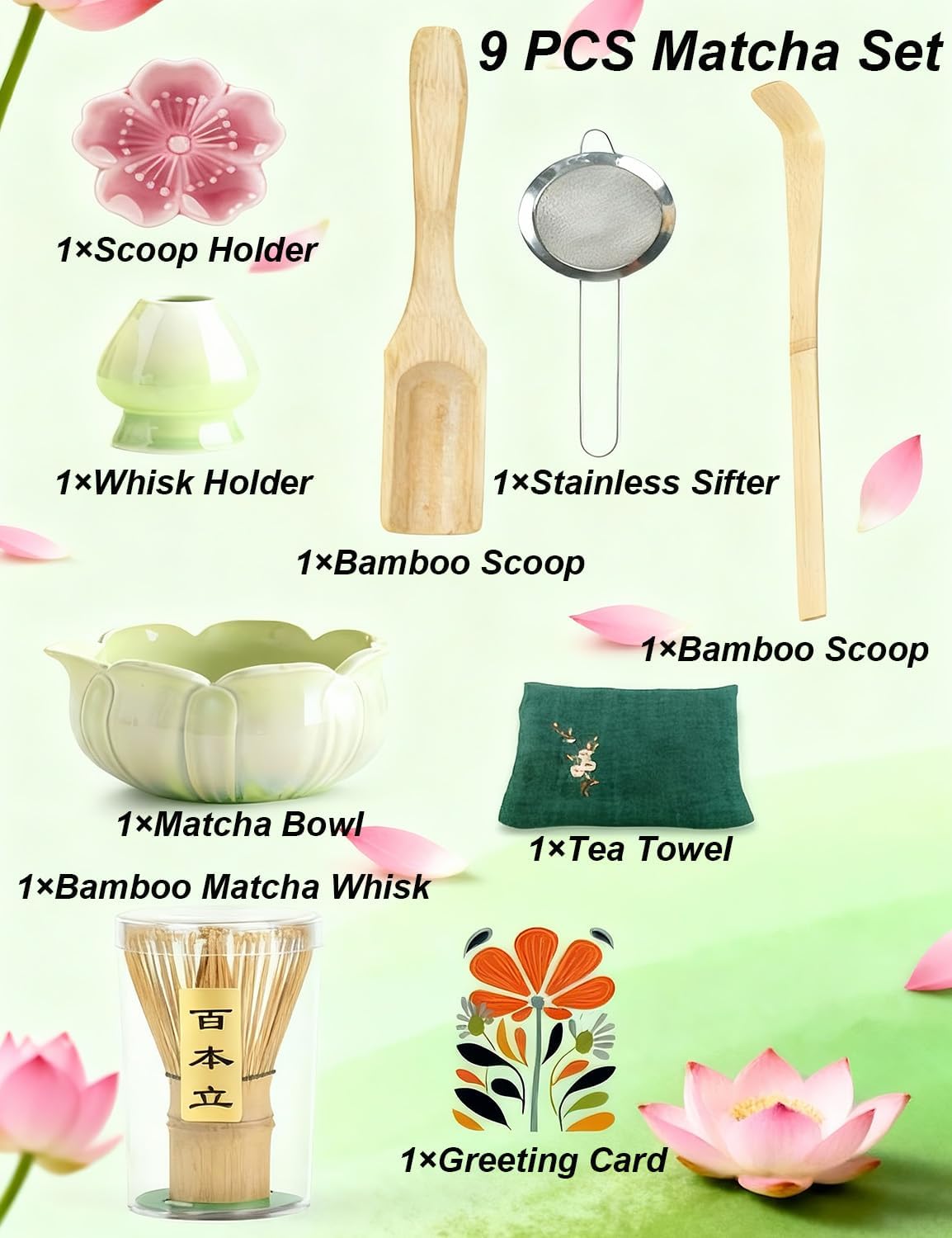 Matcha Set, 9 Pcs Lotus Matcha Bowl Set,18oz Ceramic Chawan with Whisk (Chasen), Holder, Sifter, Wooden Tea Needle, Complete Japanese Matcha Making Kit, Cute Gifts for Women & Tea Lovers