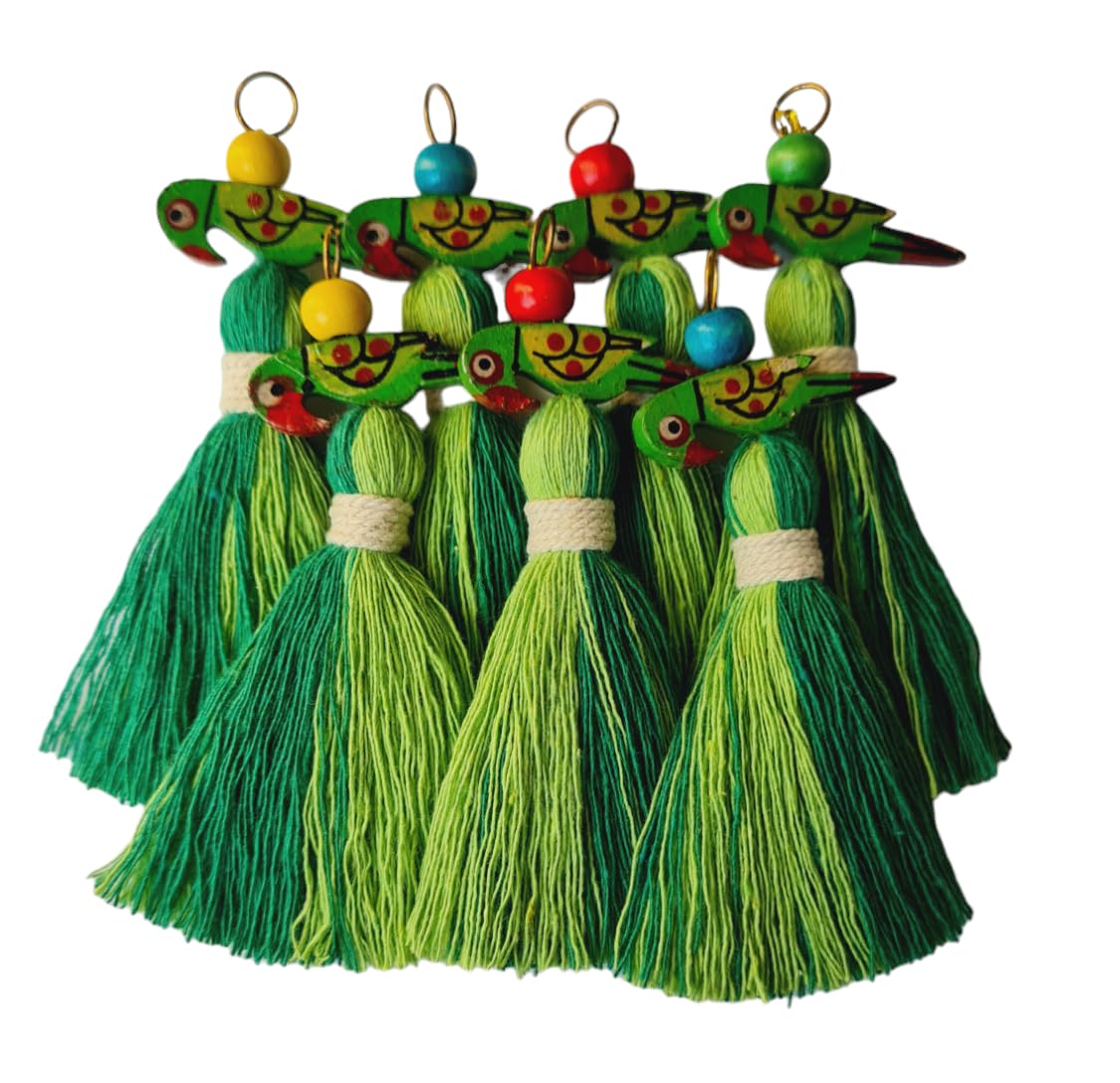 Zippy Flora Mini Cotton Tassels with Parrots (Pack of 10) (Dual-Dark & Parrot Green)